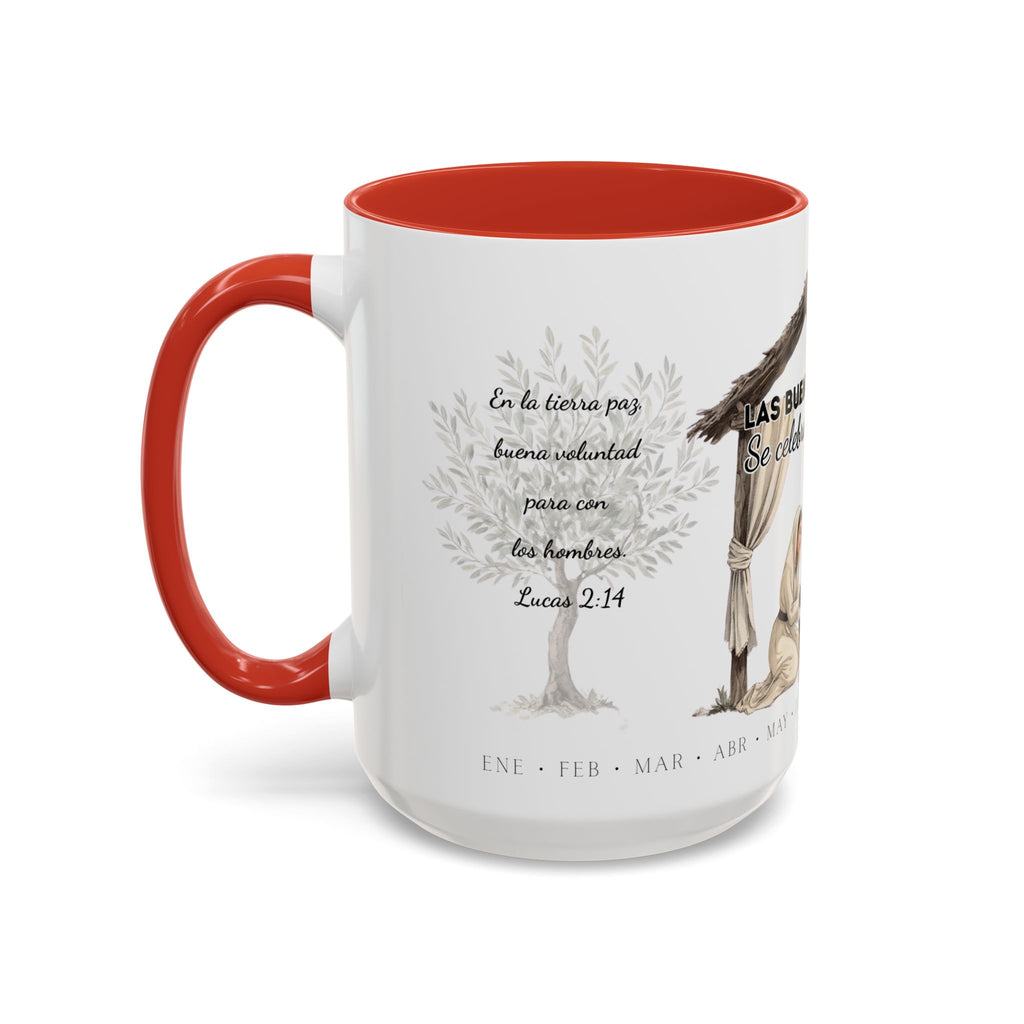 Year Round Nativity Coffee Mug — "Las Buenas Noticias se Celebran todo el Año" Watercolor Christian Christmas Mug