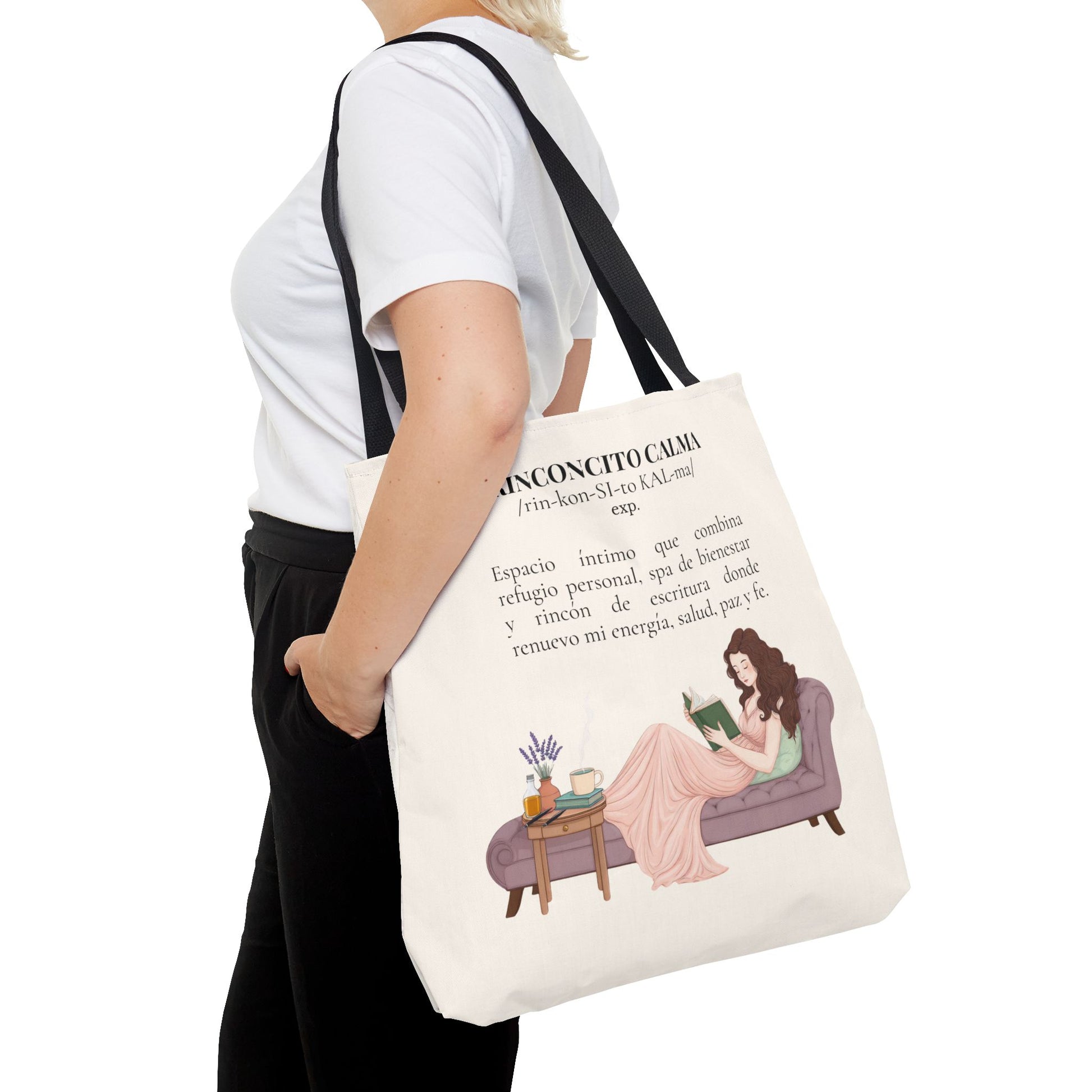 Slow-Living Corner Tote Bag — "Rinconcito Calma" Spanish Cozy Self-Care AOP Canvas Tote with Faith Quotes
