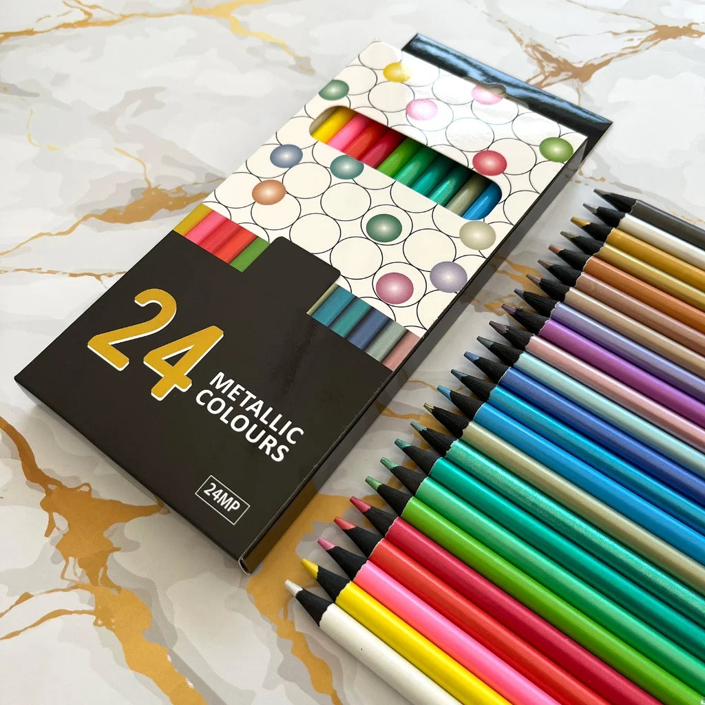 24 Count Metallic Colored Pencils Assorted Coloring Pencil Set Wooden Drawing Pencils for Kids Art Drawing Coloring Book