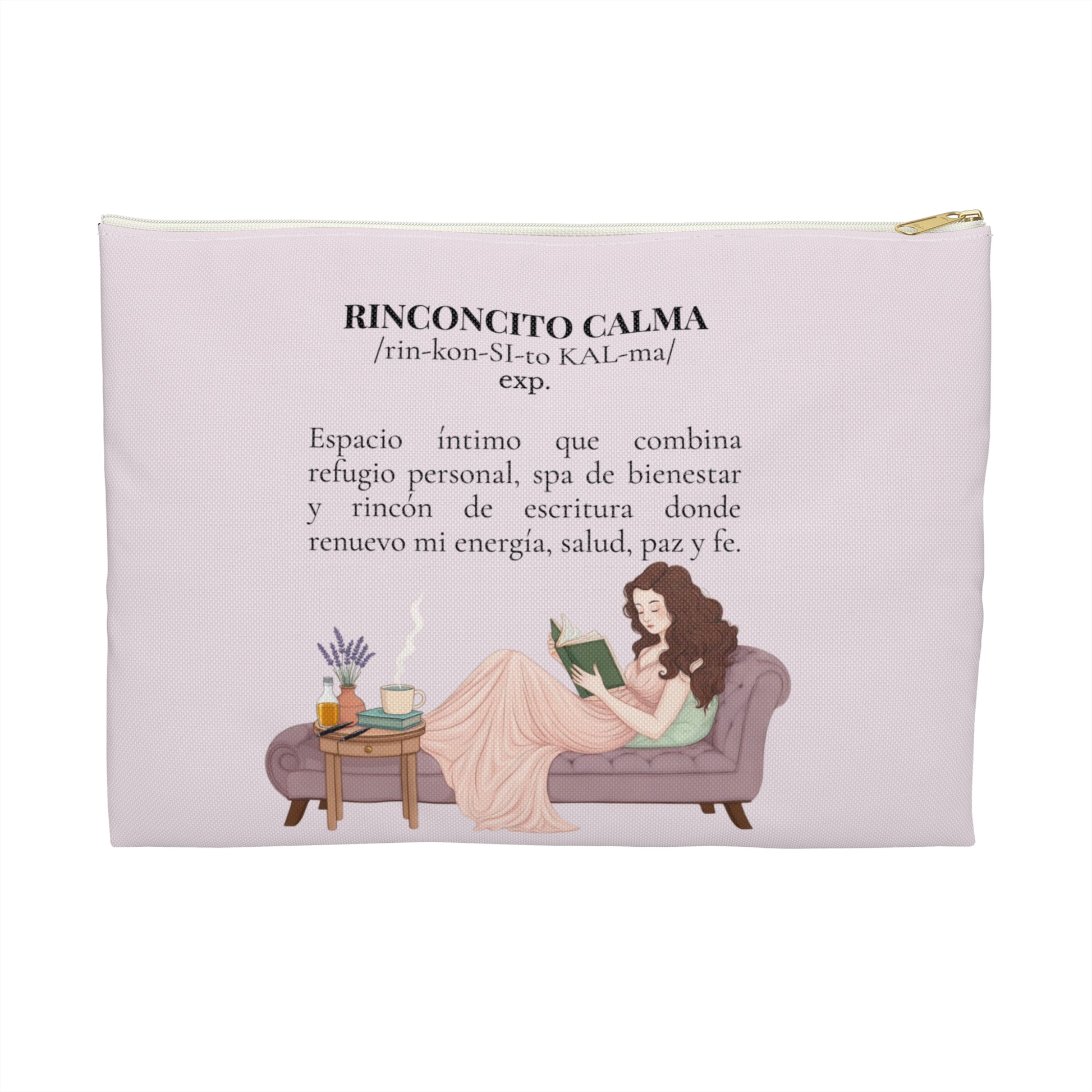 Accessory Pouch — Slow-Living Corner "Rinconcito Calma" & Lavender Tea Bible Quote (Pink, Spanish)