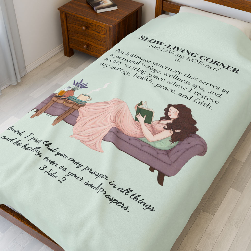 Slow-Living Corner Velveteen Plush Blanket — Cozy Reading Nook Throw with Bible Verse (Mint Green)