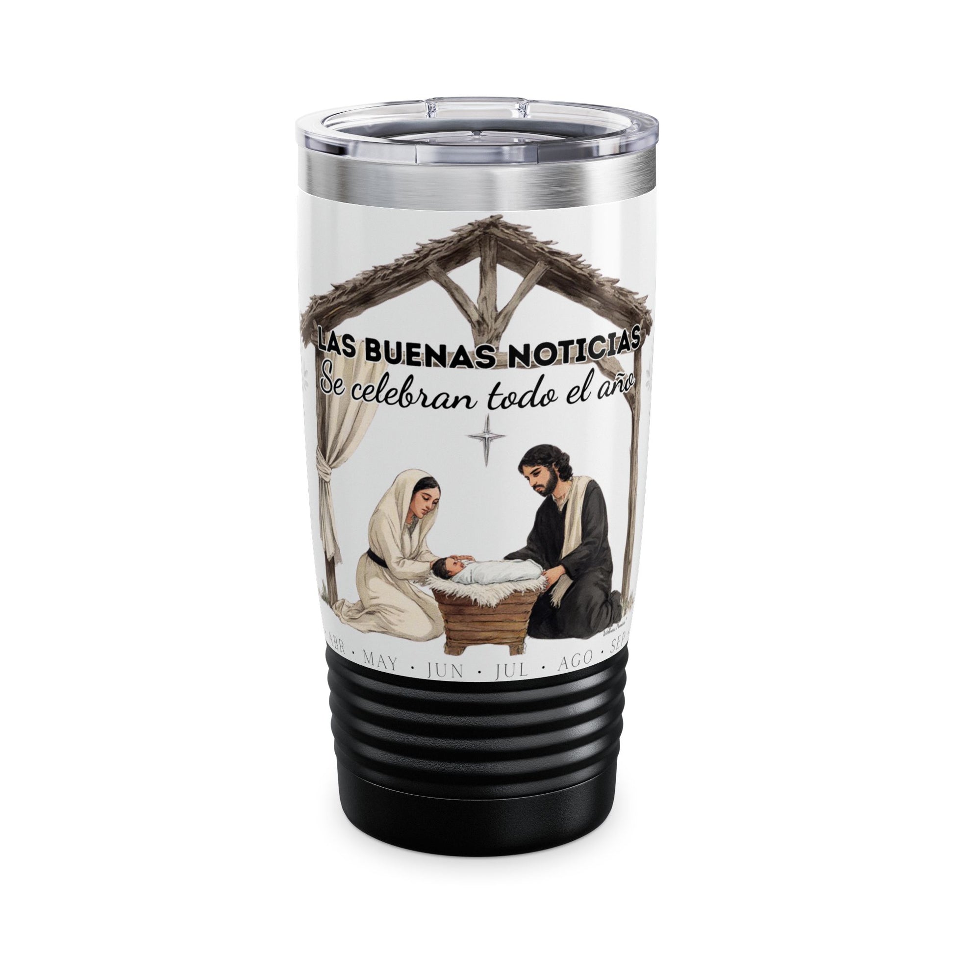 Nativity Ringneck Tumbler Year Round Use— Spanish "¡Las buenas noticias se celebran todo el año!" 20oz