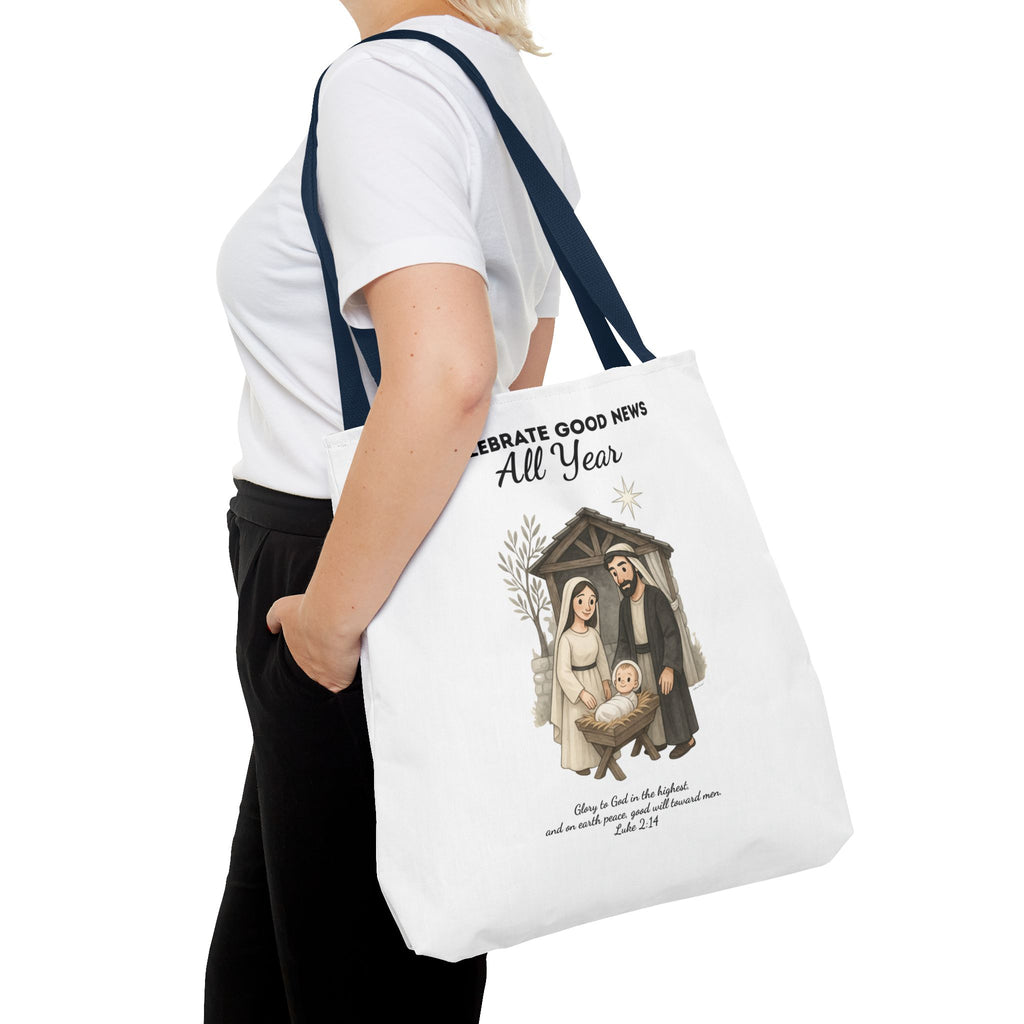 Nativity Tote Bag Year Round — (White Color) "Celebrate Good News All Year" Nativity Tote