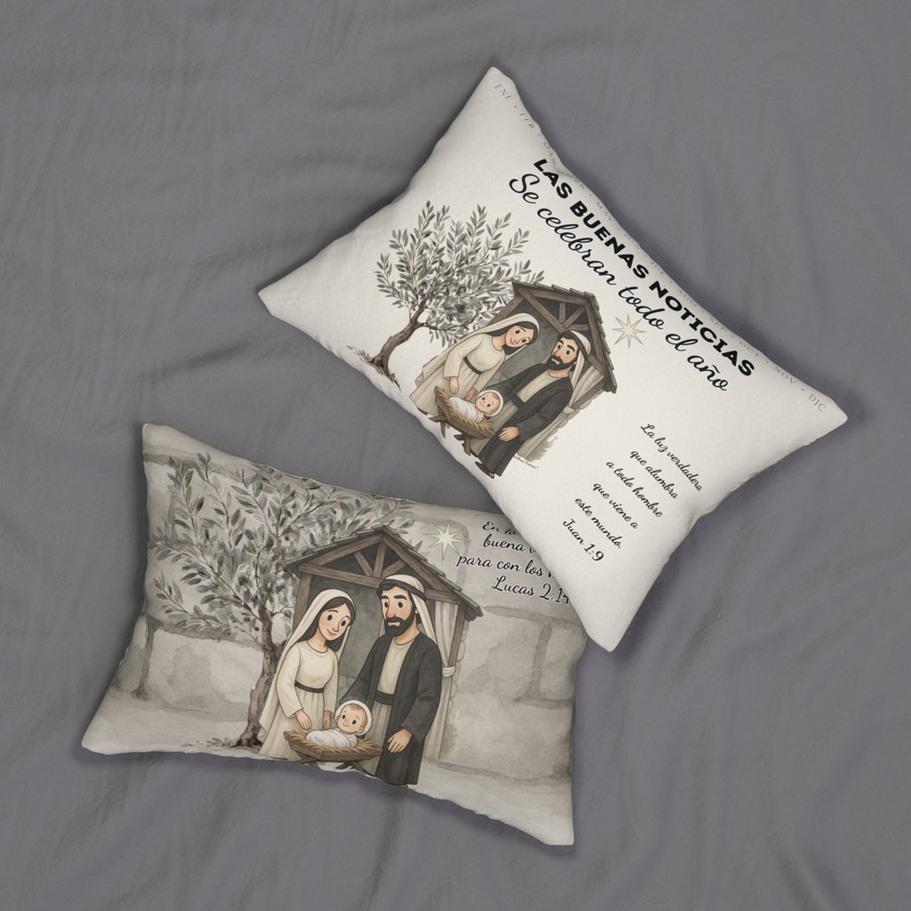 Nativity Lumbar Pillow — (Cream Color) "Las Buenas Noticias" Spanish Year Round Christmas Decor with Bible Verse