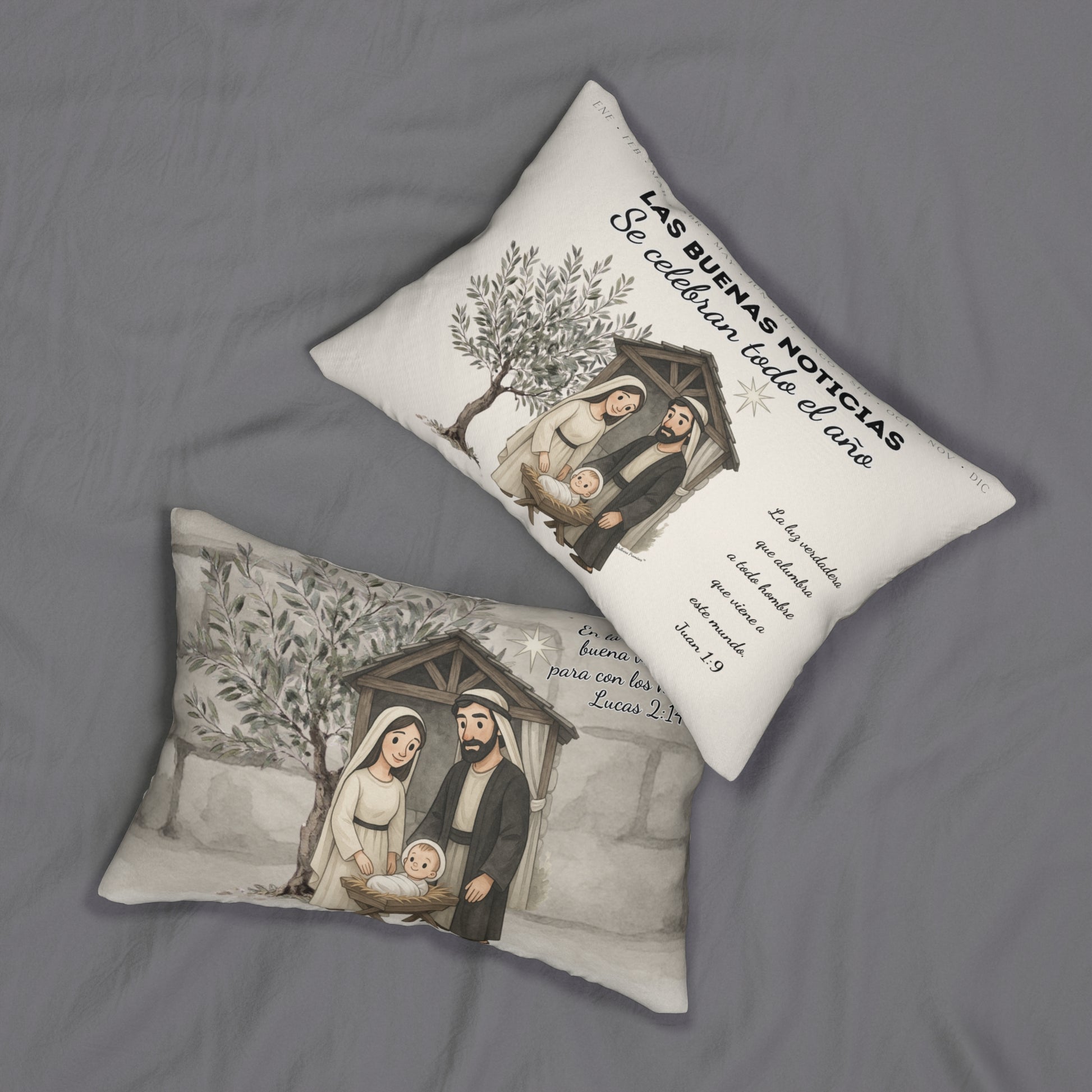 Nativity Lumbar Pillow — (Cream Color) "Las Buenas Noticias" Spanish Year Round Christmas Decor with Bible Verse