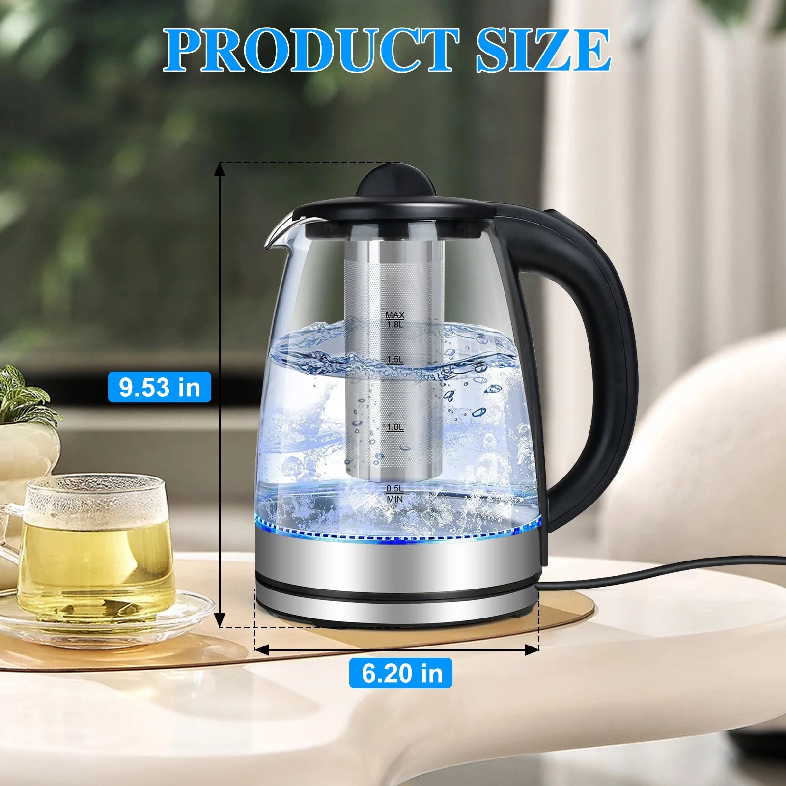 Electric Kettle with Stainless Steel Removable Infuser: 2L Borosilicate Glass Electric Tea Kettle , 1500W Boiling Water Pot, Auto Shut Off, Boil-Dry Protection