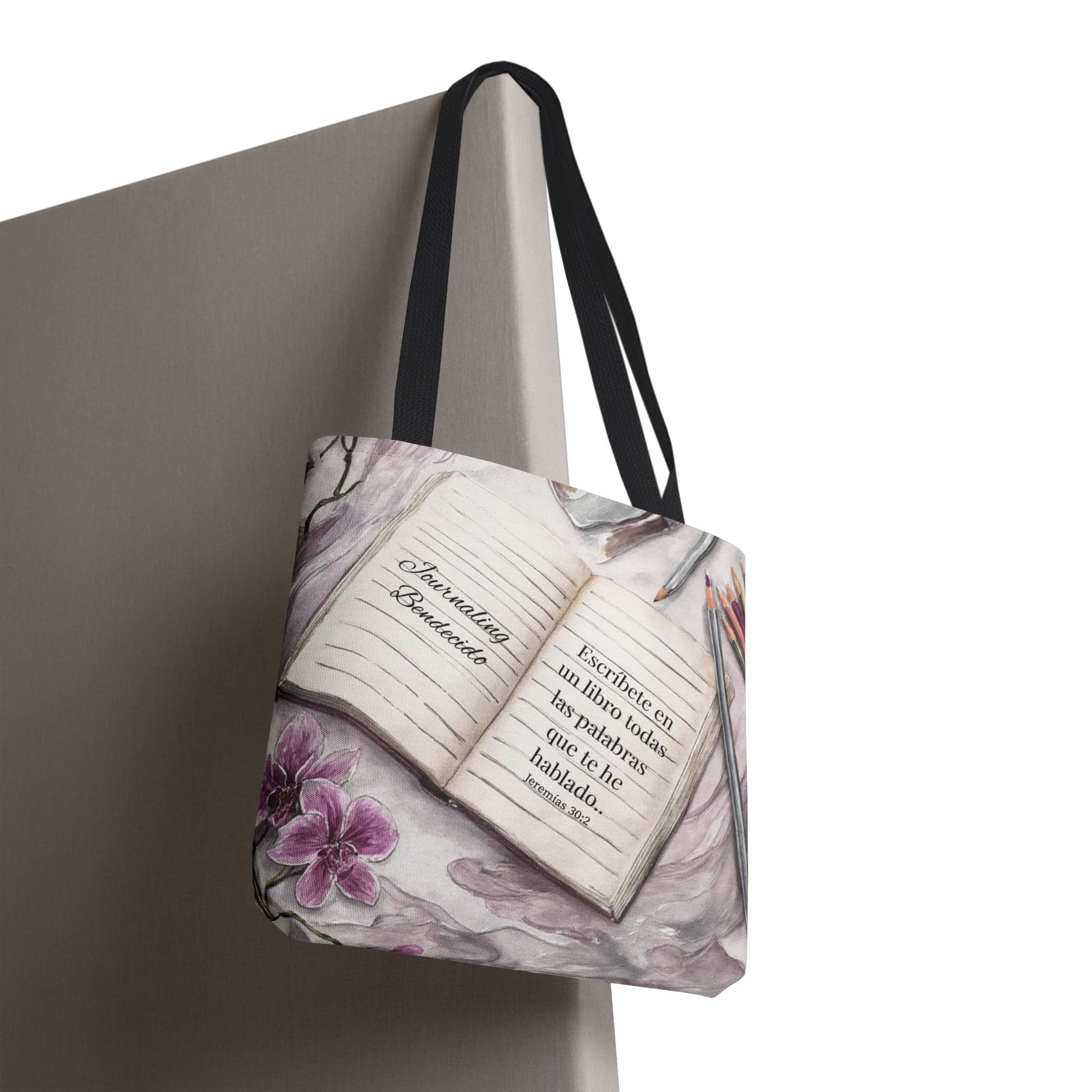 Inspirational Journal Art Tote Bag — "Escribe la Visión" Orchid & Bible Quote Tote (Spanish)