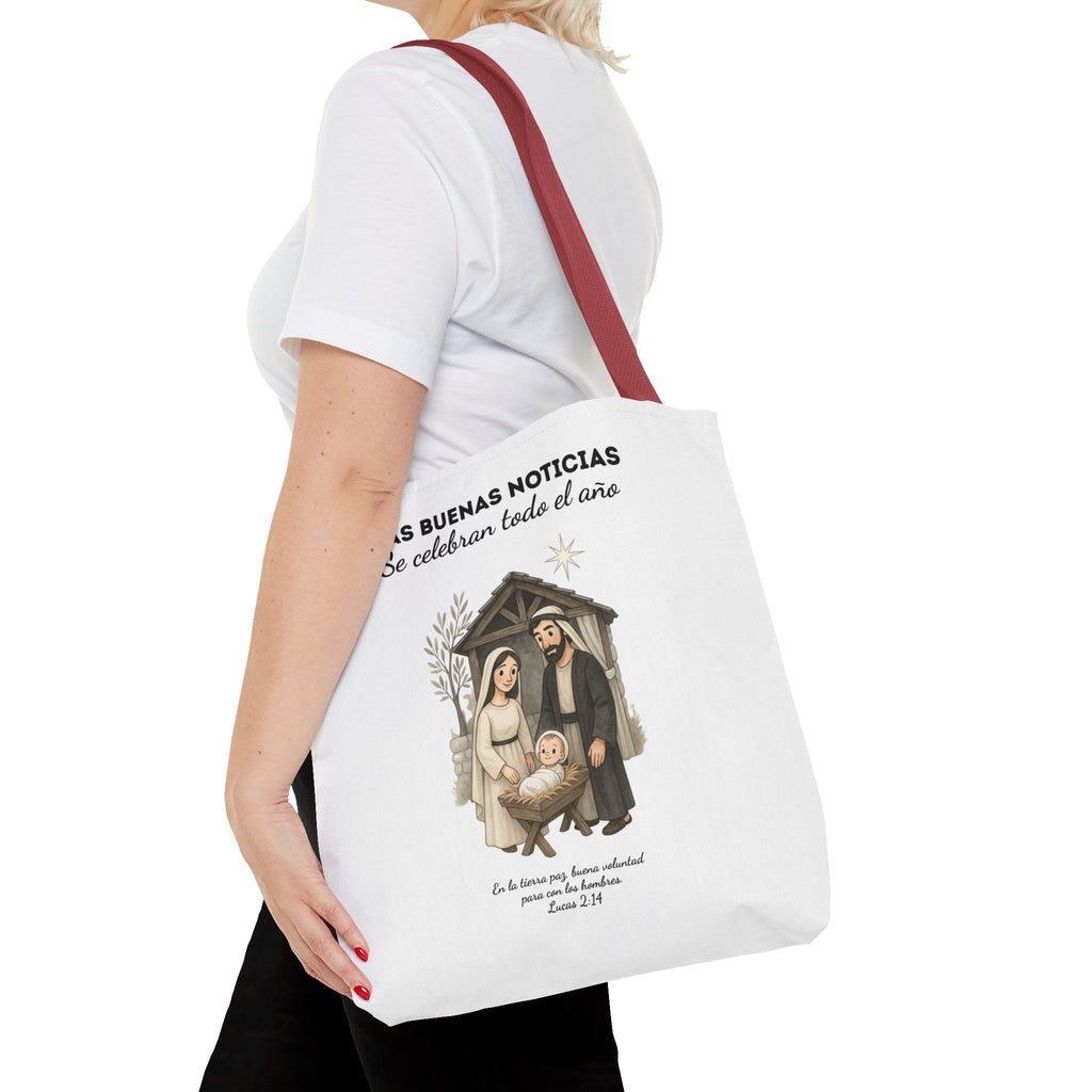 Nativity Tote Bag Year Round — (White Color) "Las Buenas Noticias" Spanish Nativity Tote
