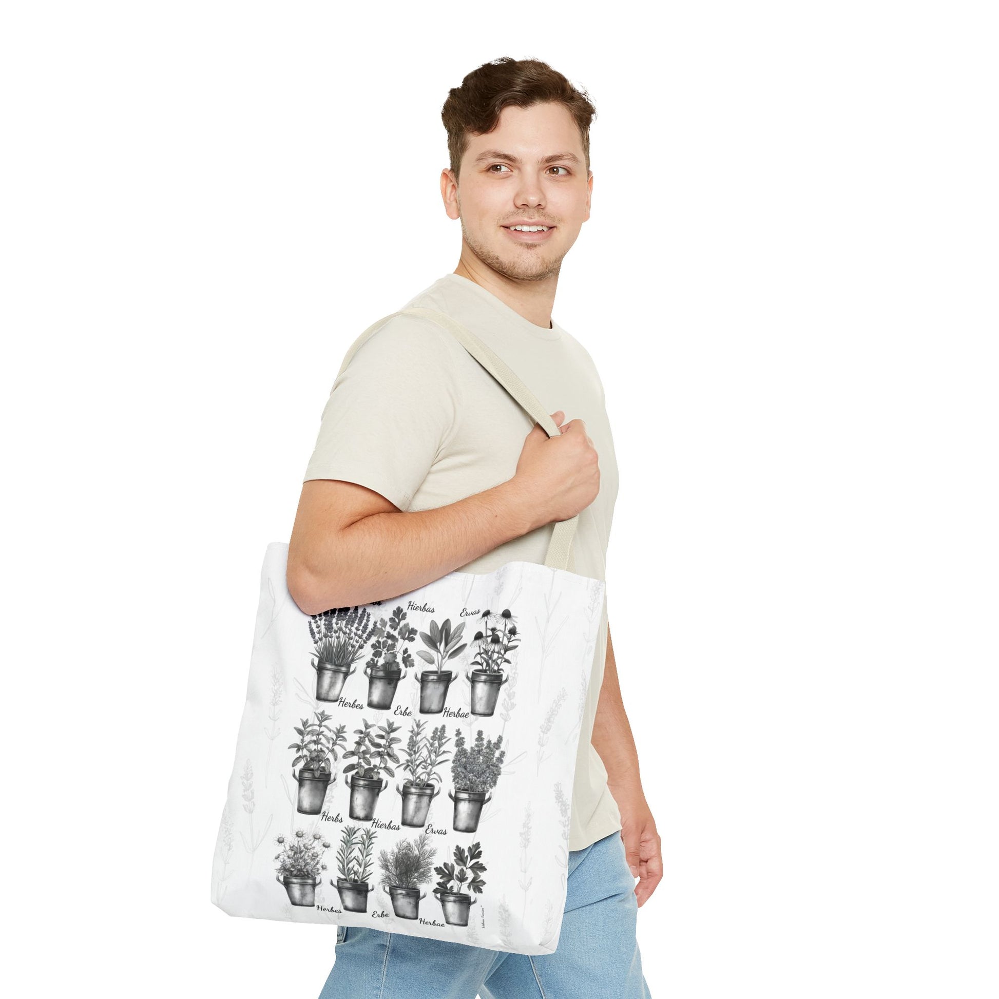 6 Language Black & White Herbal Garden Tote Bag | Botanical Shopping Tote | Eco-Friendly Grocery Bag, Plant Lover Gift, Garden Decor, Mothers Day