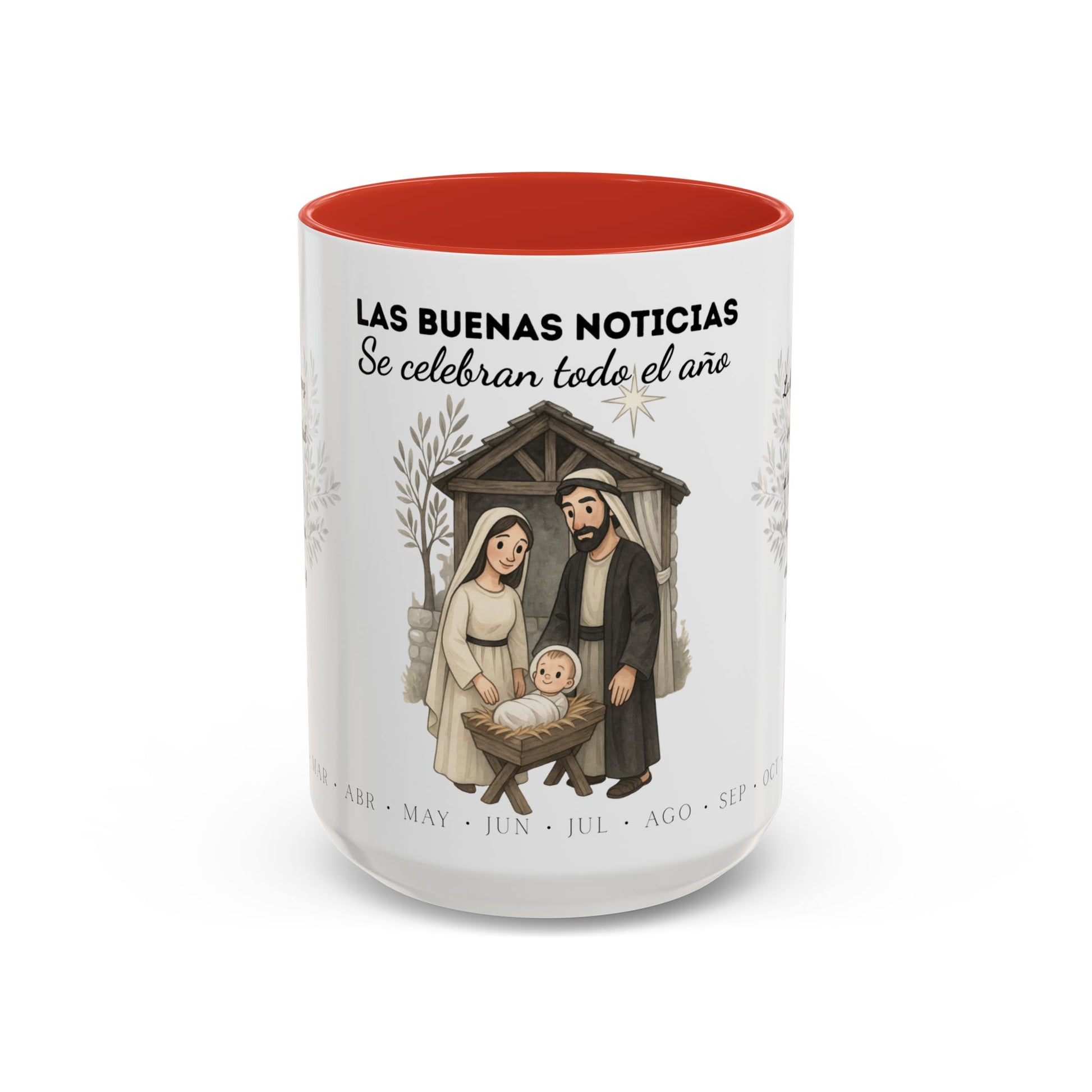 Year Round Nativity Coffee Mug — "Las Buenas Noticias se Celebran todo el Año" Christian Christmas Mug