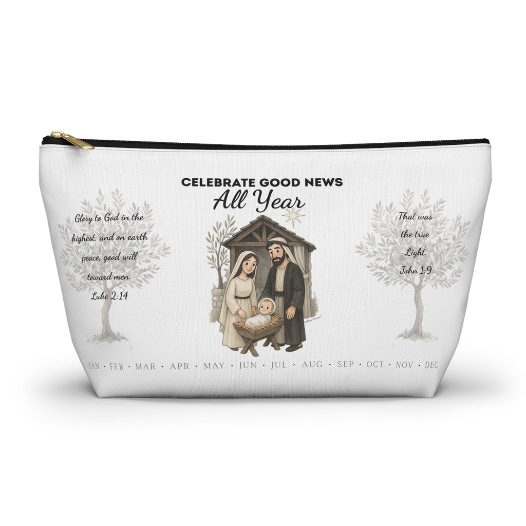 Nativity Accessory Pouch — "Celebrate Good News All Year" Nativity Scene Year Round Makeup Bag