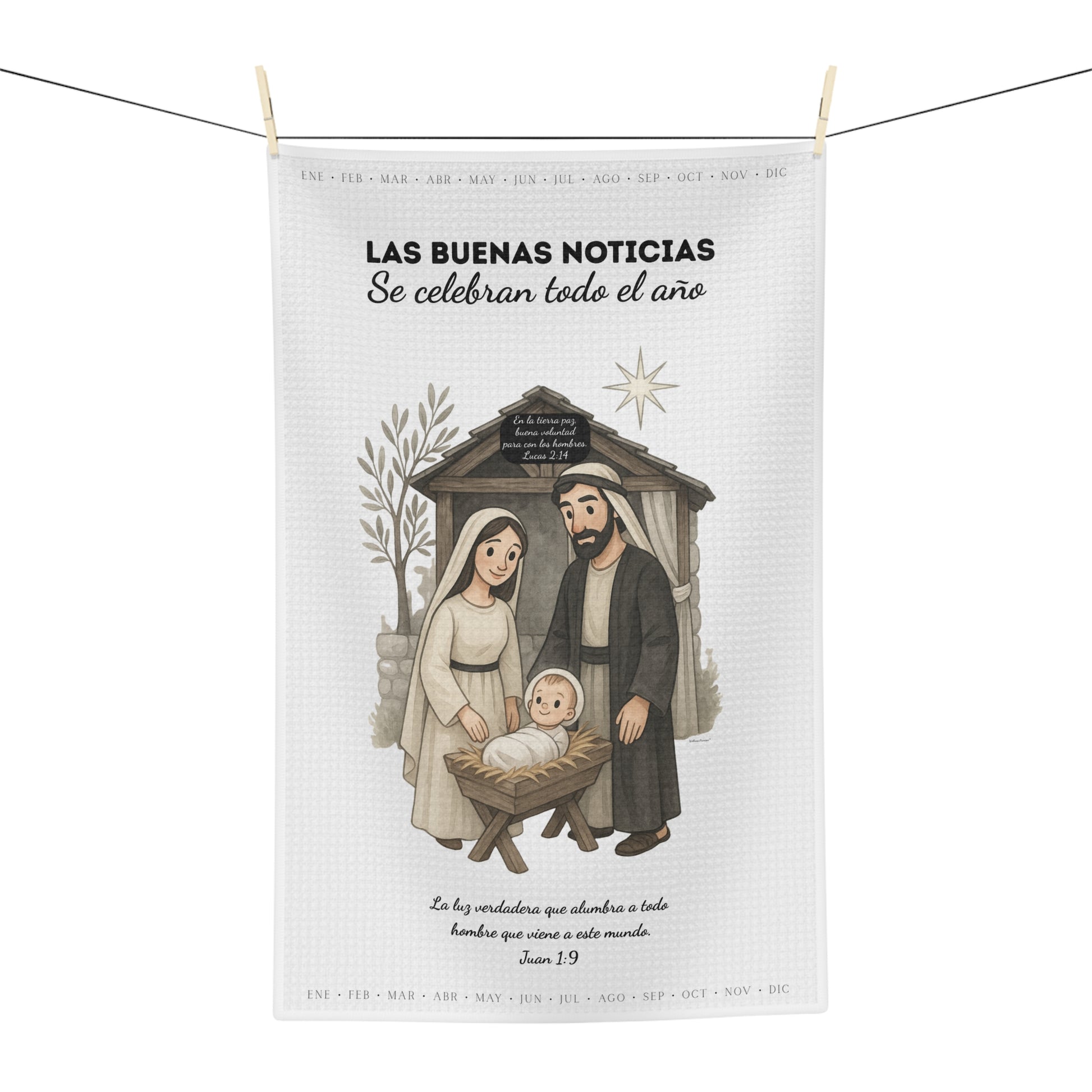 Nativity Tea Towel — "Las Buenas Noticias se celebran todo el año" Year-Round Christmas Kitchen Towel