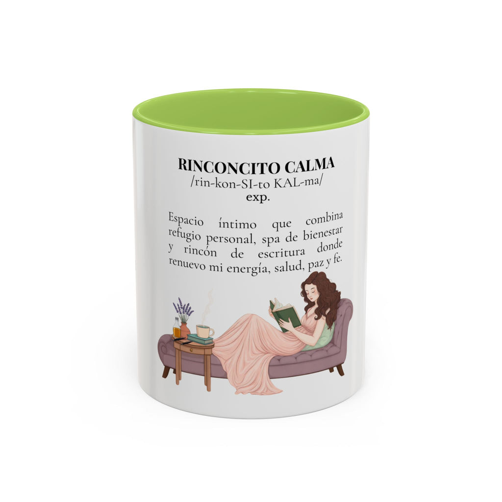Slow-Living Calm Reading Corner Accent Coffee Mug — "Rinconcito Calma" Herbal Christian Gift (11/15oz)