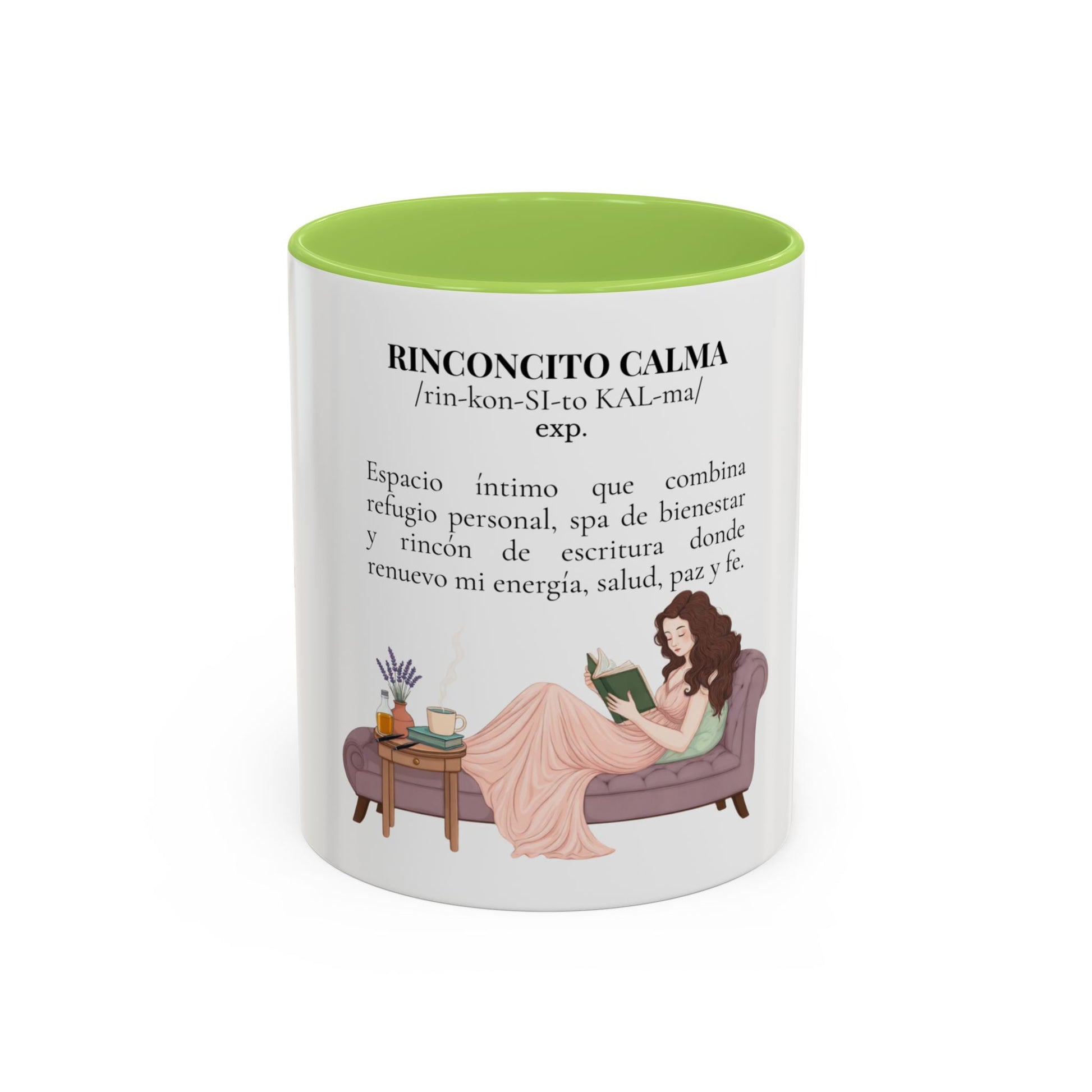 Slow-Living Calm Reading Corner Accent Coffee Mug — "Rinconcito Calma" Herbal Christian Gift (11/15oz)