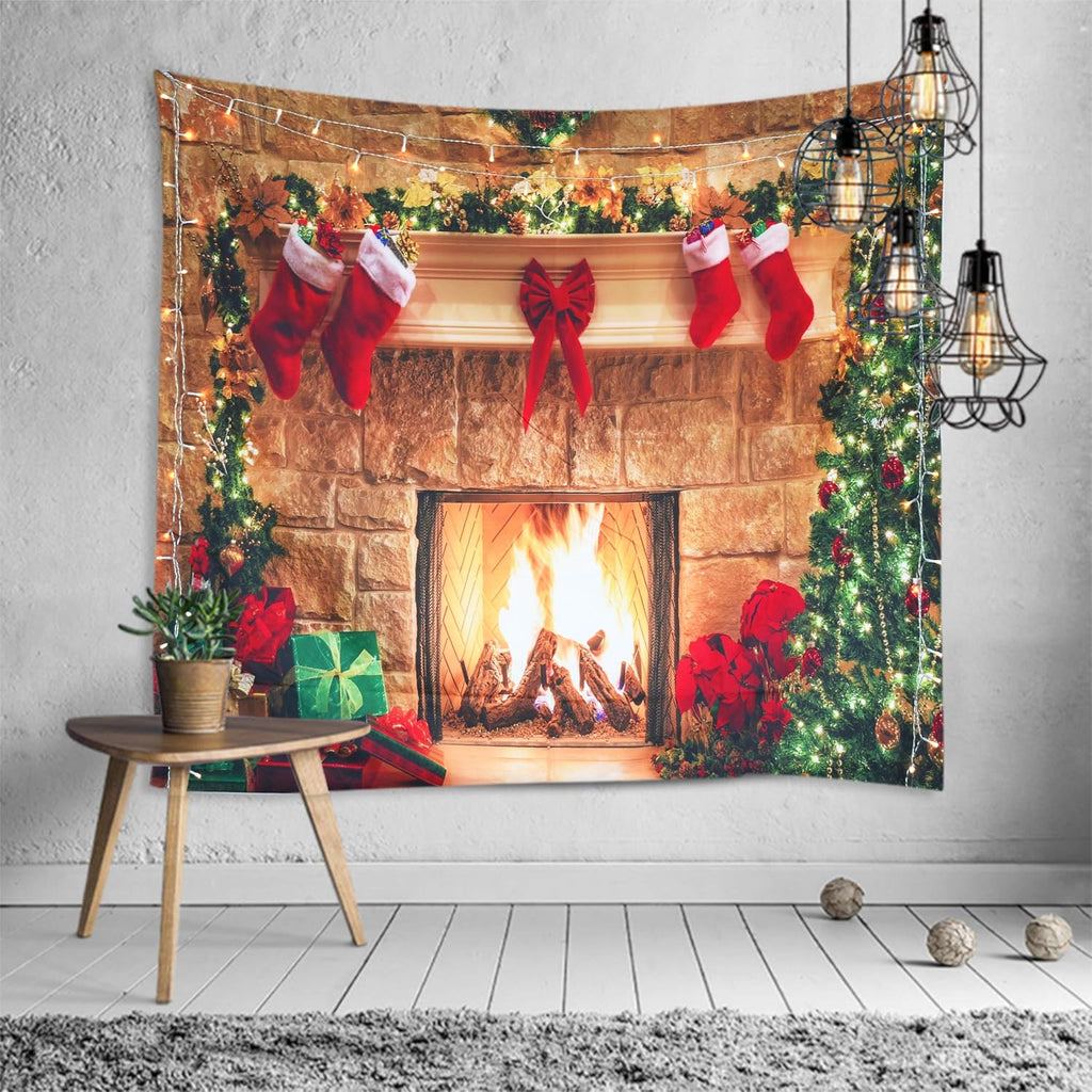 Christmas Tapestry Fireplace Xmas Wall Tapestry Tree Stocking Gift Box Tapestry Wall Hanging for Party Livingroom Bedroom Dorm Home Decor W59 X L51