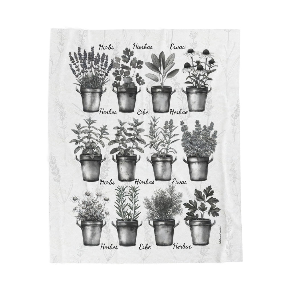 6 Languages Herbal Wellness Black and White Velveteen Plush Blanket | Cozy Home Decor