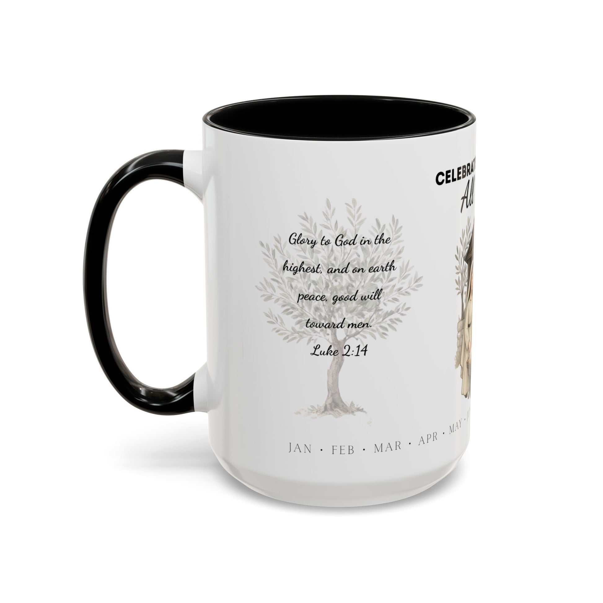 Nativity Coffee Mug Year-Round — "Celebrate Good News All Year" Christian Christmas Mug