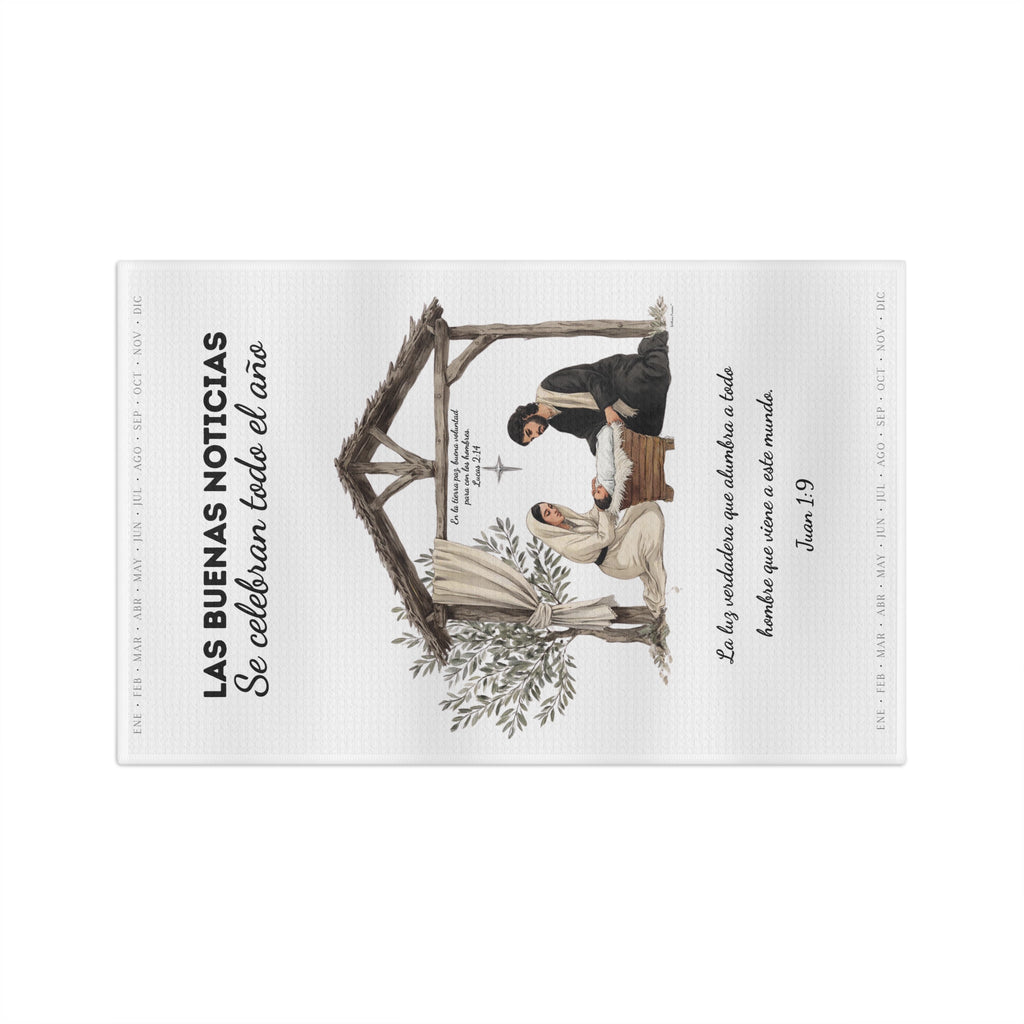 Nativity Tea Towel — "Las Buenas Noticias se celebran todo el año" Year-Round Christmas Kitchen Towel