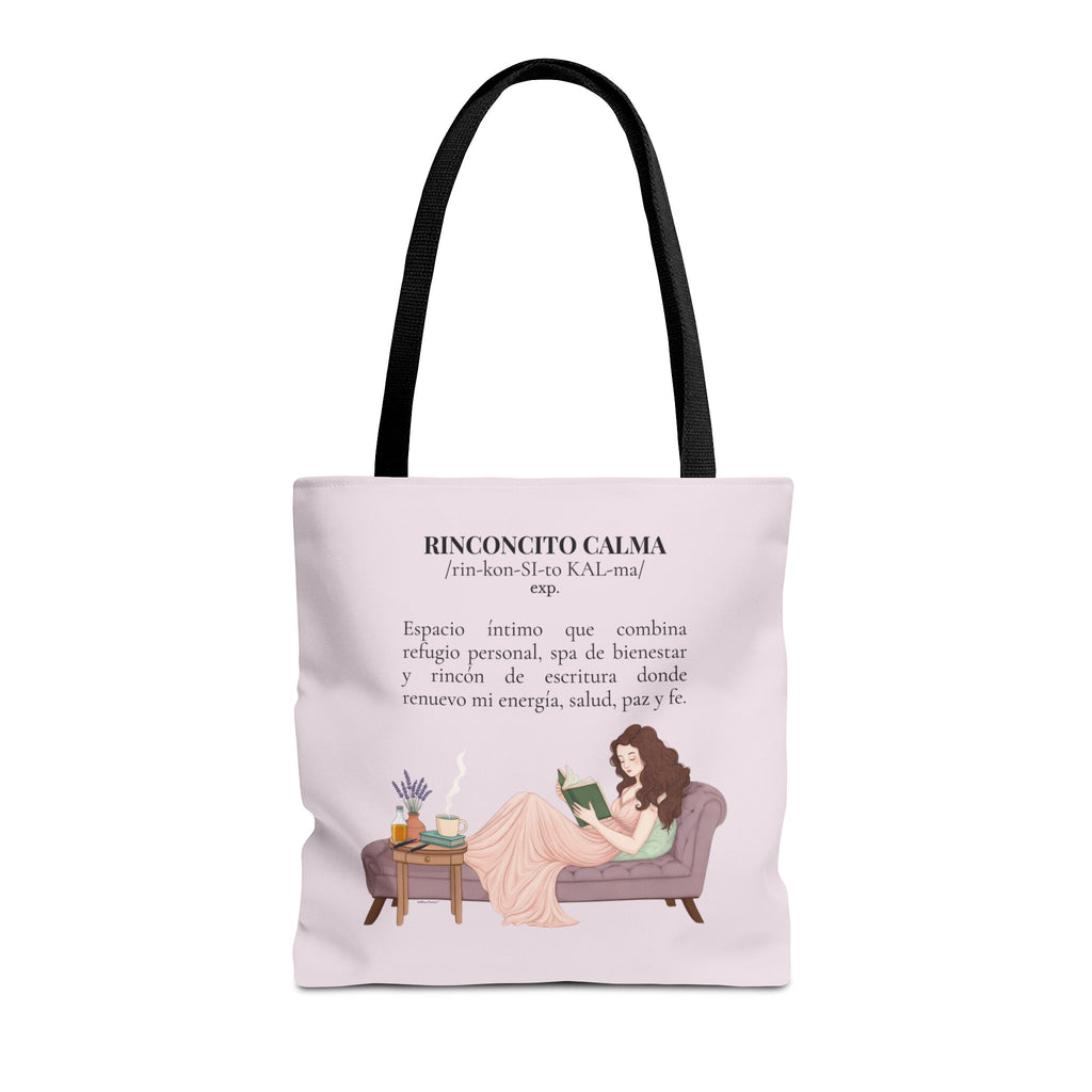 Slow-Living Corner Tote Bag — "Rinconcito Calma" Spanish Cozy Self-Care AOP Canvas Tote with Faith Quotes (Pink)