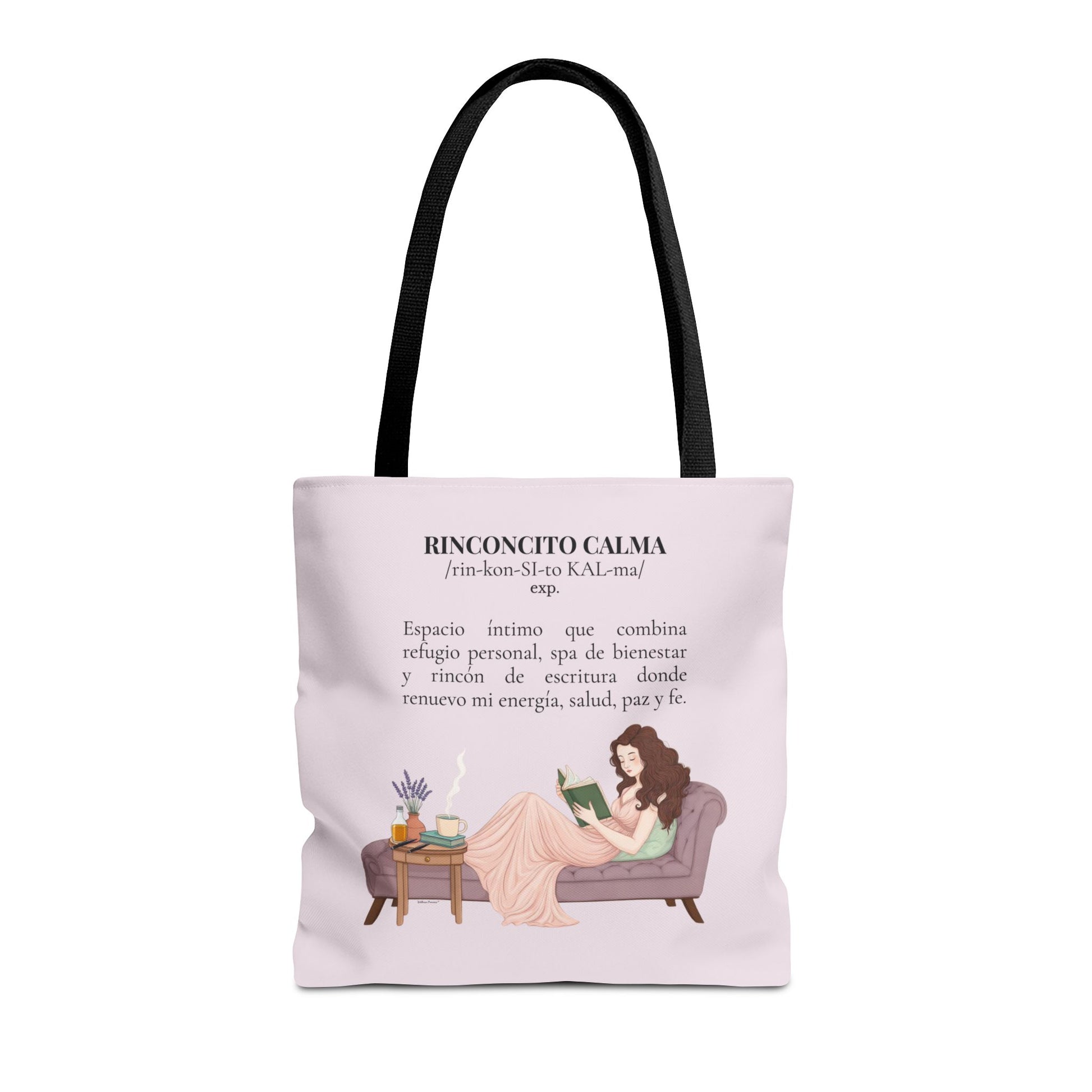 Slow-Living Corner Tote Bag — "Rinconcito Calma" Spanish Cozy Self-Care AOP Canvas Tote with Faith Quotes (Pink)