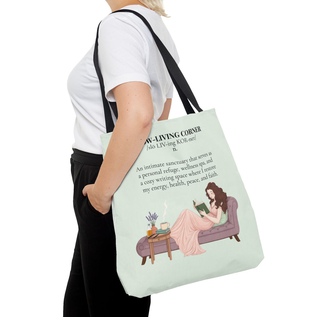 Slow-Living Corner Tote Bag — Cozy Self-Care AOP Canvas Tote with Faith Quotes (Mint Green)