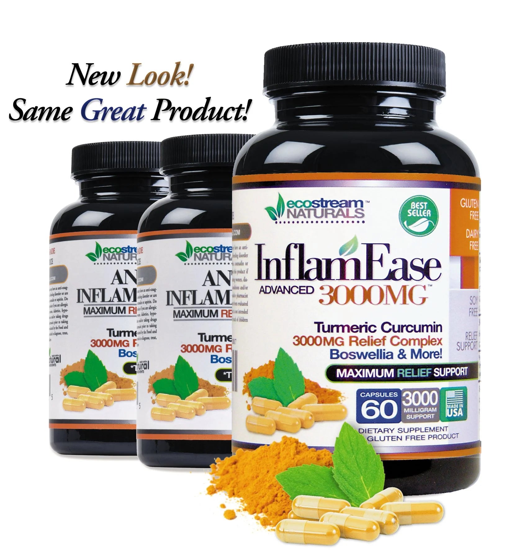 All Natural Inflamease Turmeric Curcumin plus by  - Maximum Support 3000 Mg, Gluten-Free - 60 Supplement Pills