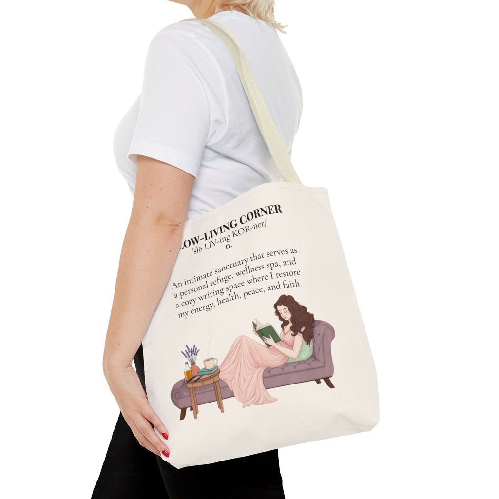 Slow-Living Corner Tote Bag — Cozy Self-Care AOP Canvas Tote with Faith Quotes