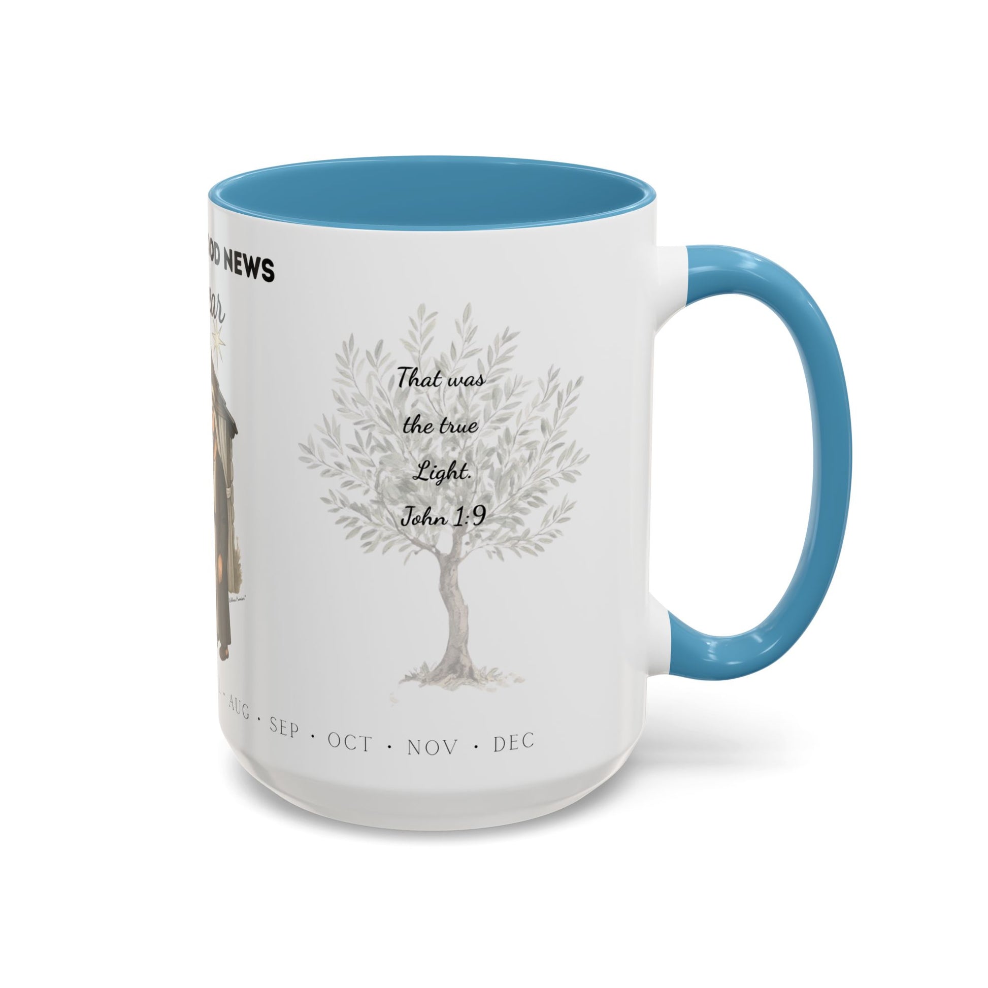 Nativity Coffee Mug Year-Round — "Celebrate Good News All Year" Christian Christmas Mug