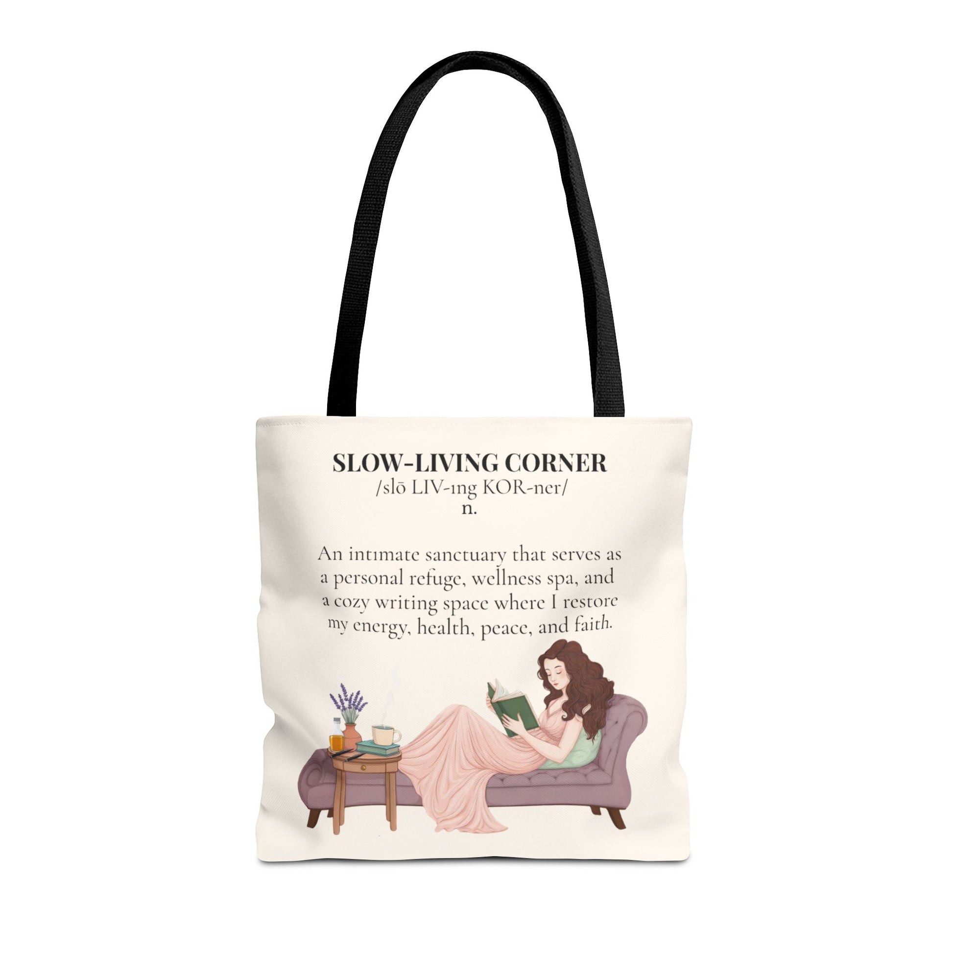 Slow-Living Corner Tote Bag — Cozy Self-Care AOP Canvas Tote with Faith Quotes