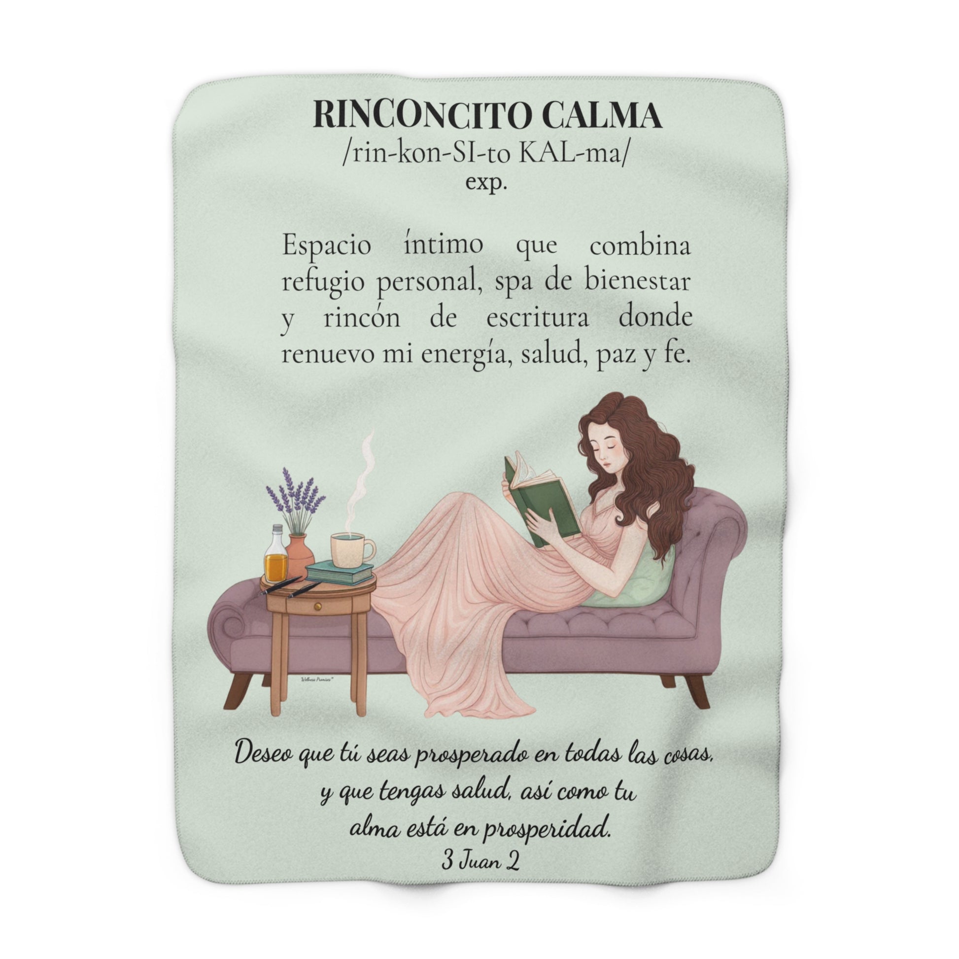 Sherpa Blanket - "Rinconcito Calma" (Green) Cozy Spanish Bible Self-Care Throw with Reading Girl Design