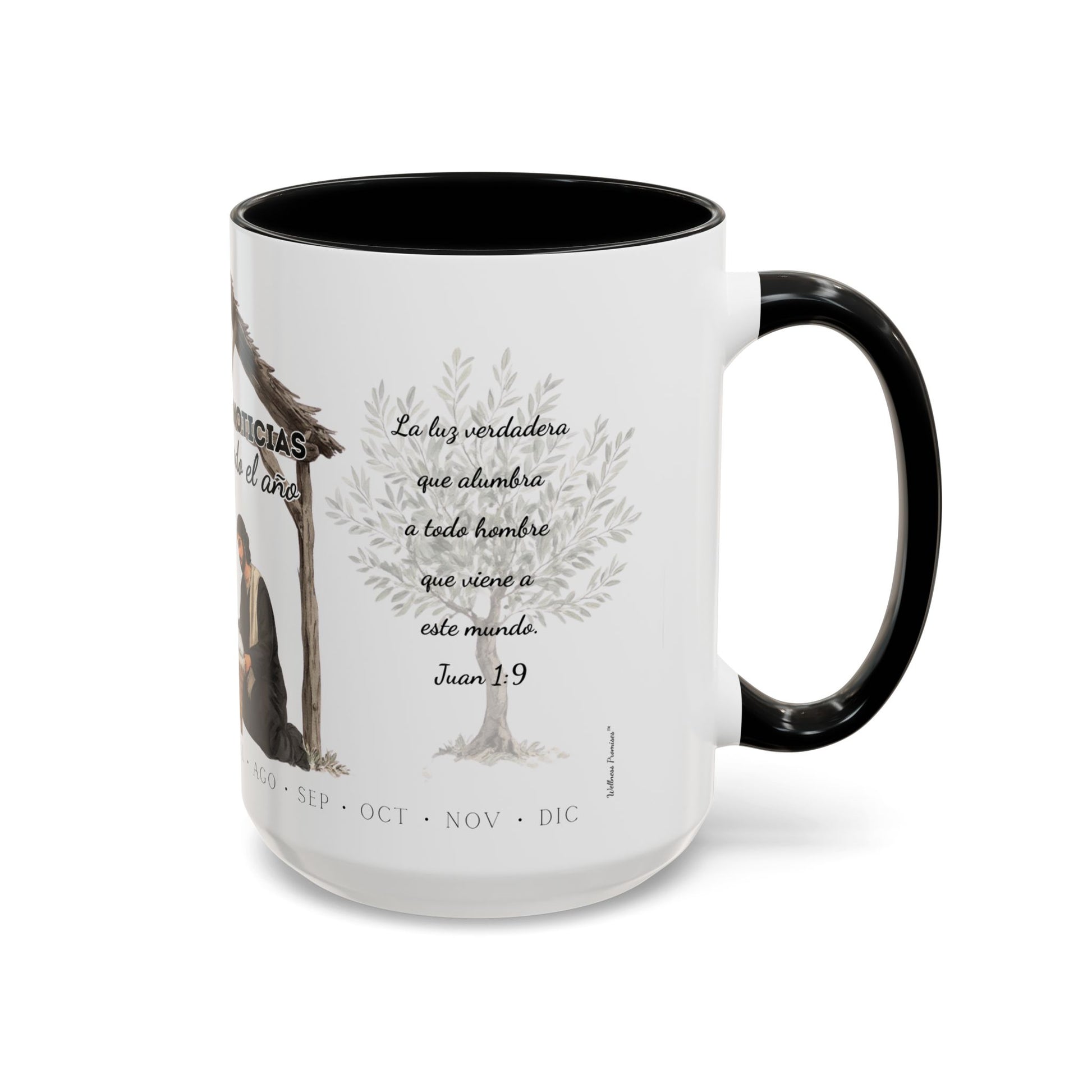 Year Round Nativity Coffee Mug — "Las Buenas Noticias se Celebran todo el Año" Watercolor Christian Christmas Mug