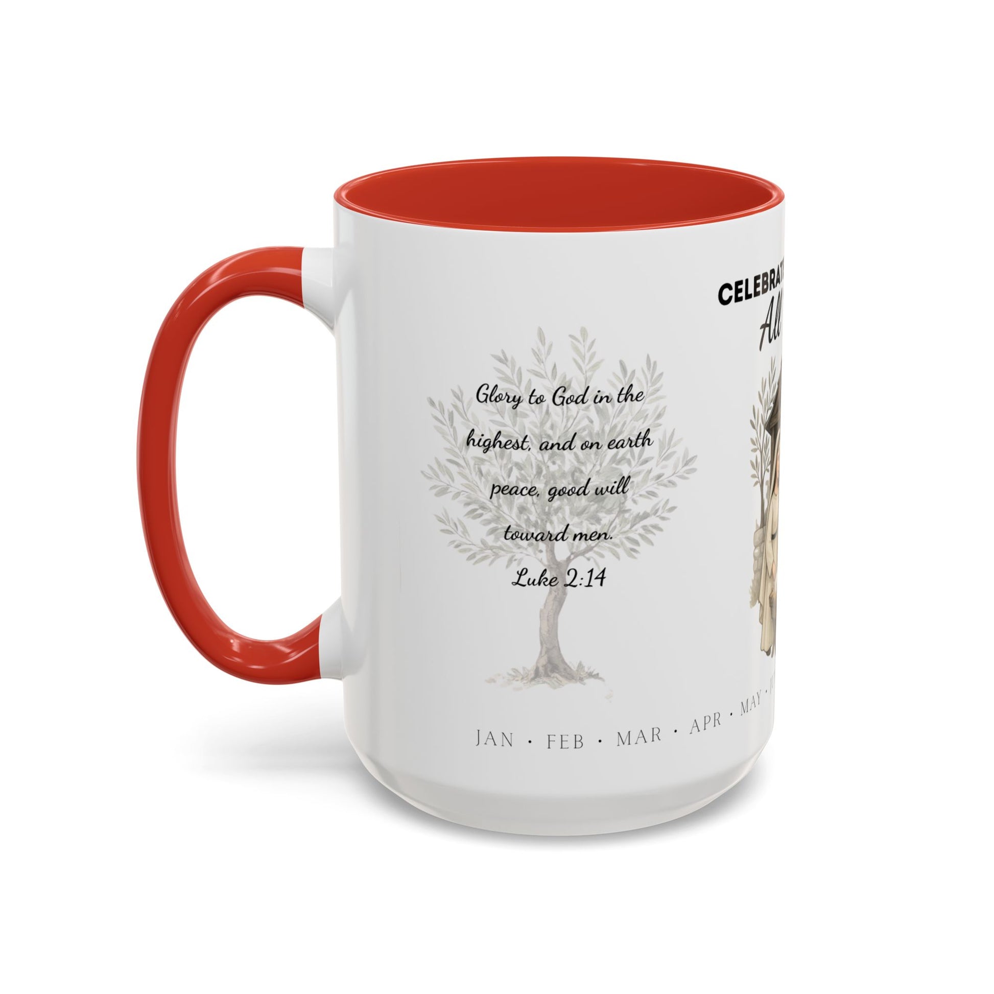 Nativity Coffee Mug Year-Round — "Celebrate Good News All Year" Christian Christmas Mug