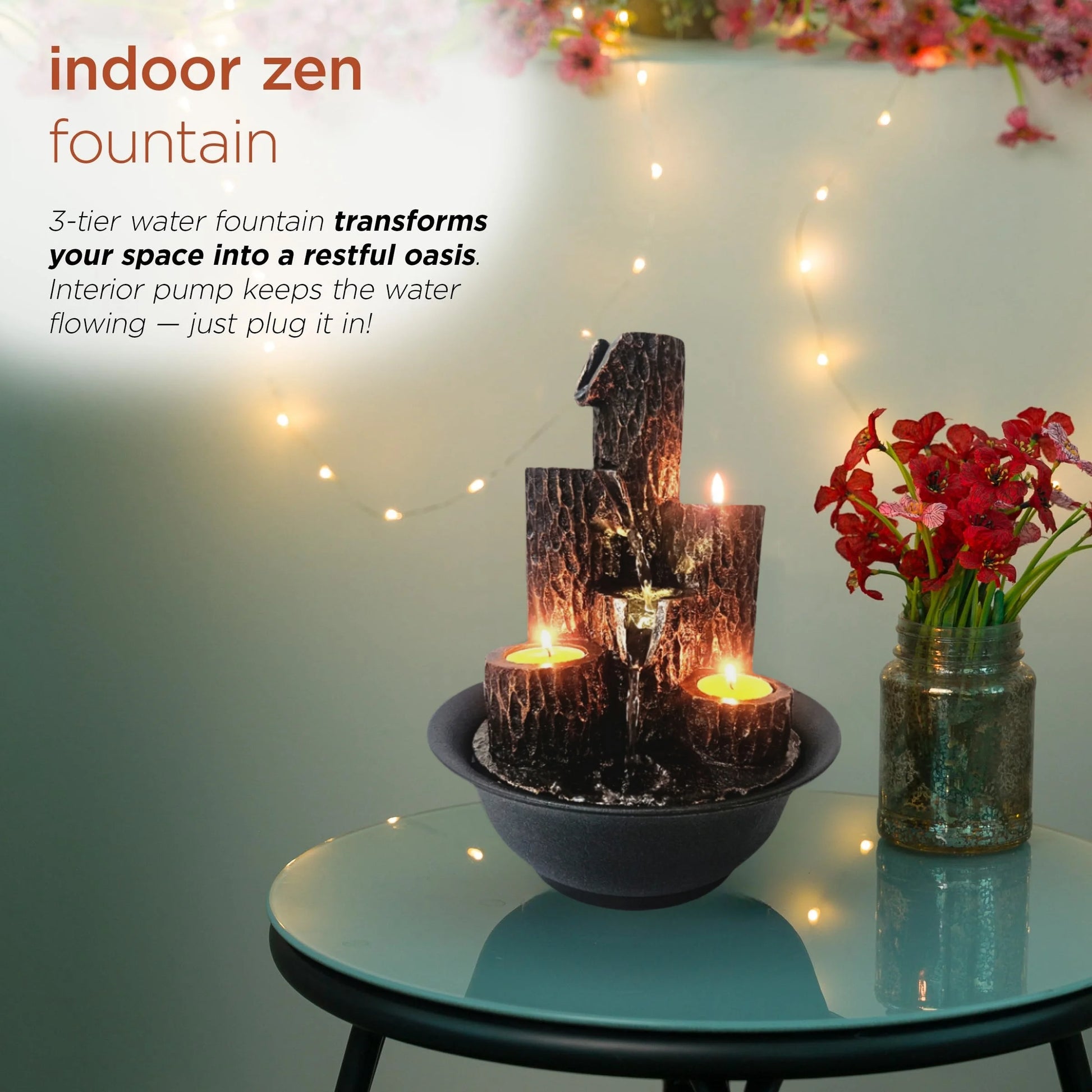 Resin 3-Tier Tabletop Waterfall Fountain with Candle Holder, Desktop Water Fountain Indoor Home