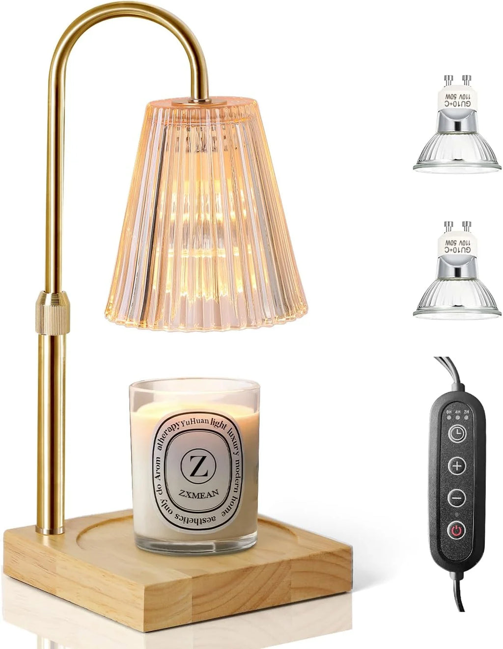 Candle Warmer Lamp with Dimmer, Electric Candle Warmer for Jar Candles, Bedroom Home Decor, 2H/4H/8H Timer Adjustable Height with 2 Bulbs, Amber