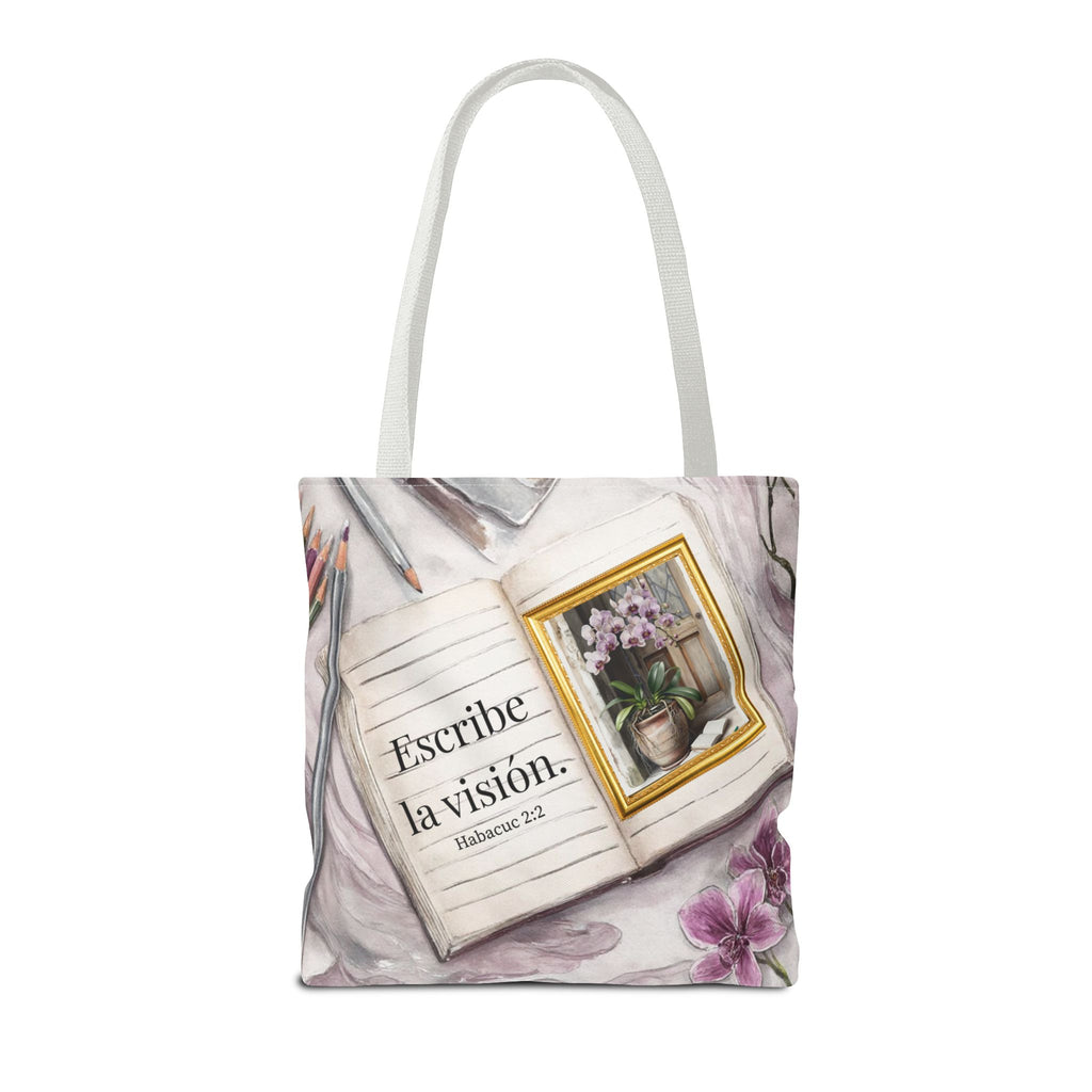 Inspirational Journal Art Tote Bag — "Escribe la Visión" Orchid & Bible Quote Tote (Spanish)
