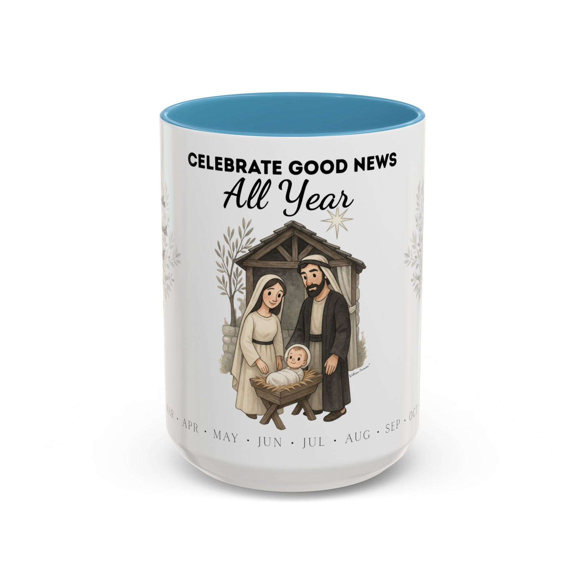 Nativity Coffee Mug Year-Round — "Celebrate Good News All Year" Christian Christmas Mug