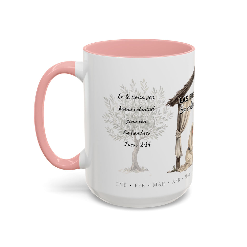 Year Round Nativity Coffee Mug — "Las Buenas Noticias se Celebran todo el Año" Watercolor Christian Christmas Mug