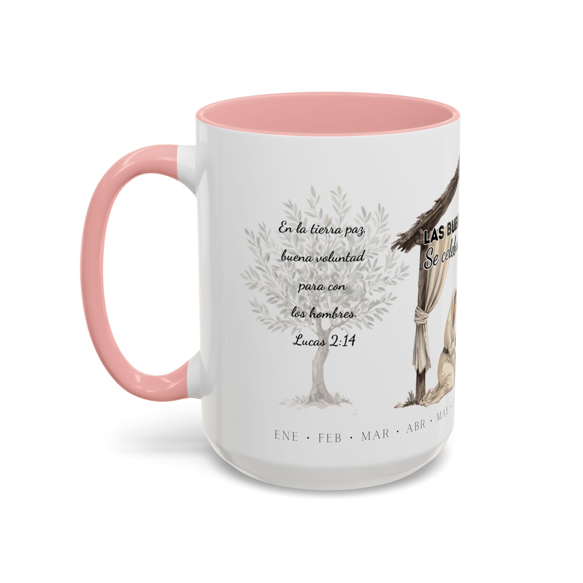 Year Round Nativity Coffee Mug — "Las Buenas Noticias se Celebran todo el Año" Watercolor Christian Christmas Mug