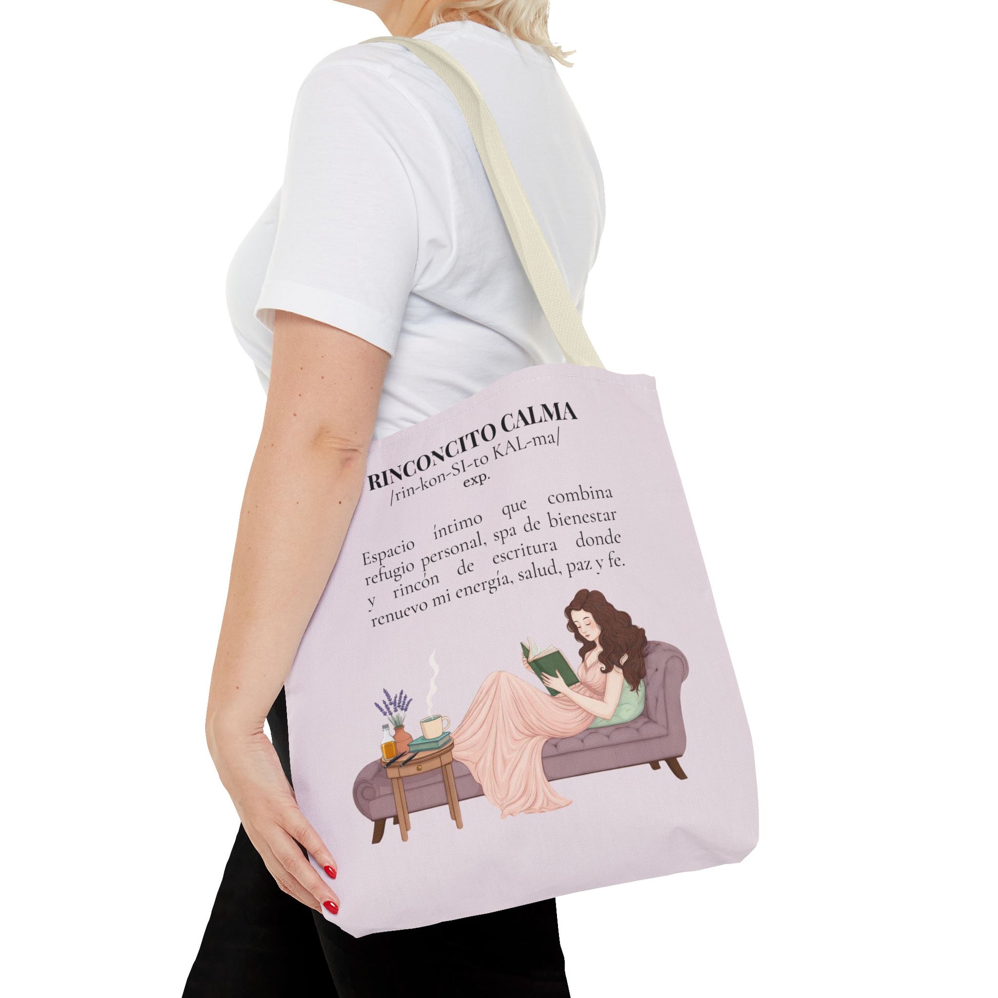 Slow-Living Corner Tote Bag — "Rinconcito Calma" Spanish Cozy Self-Care AOP Canvas Tote with Faith Quotes (Pink)