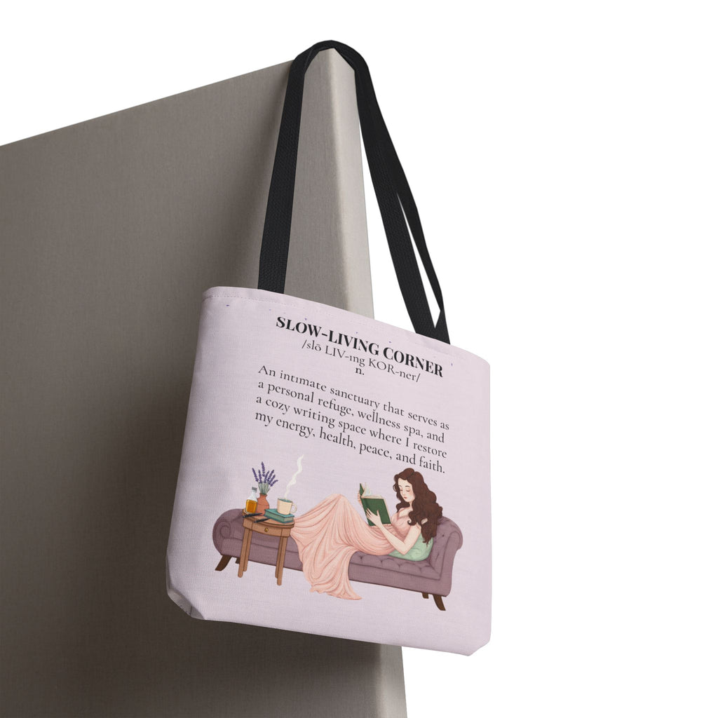 Slow-Living Corner Tote Bag — Cozy Self-Care AOP Canvas Tote with Faith Quotes (Pink)