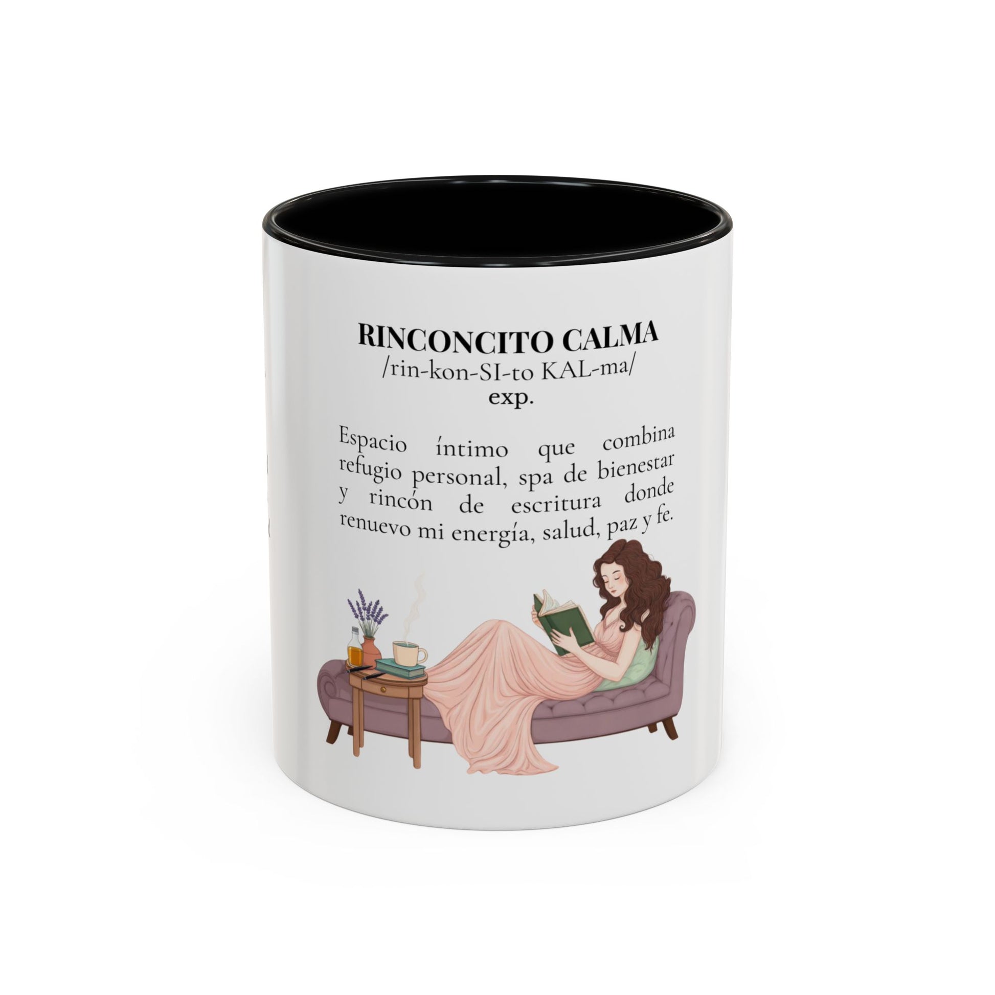 Slow-Living Calm Reading Corner Accent Coffee Mug — "Rinconcito Calma" Herbal Christian Gift (11/15oz)