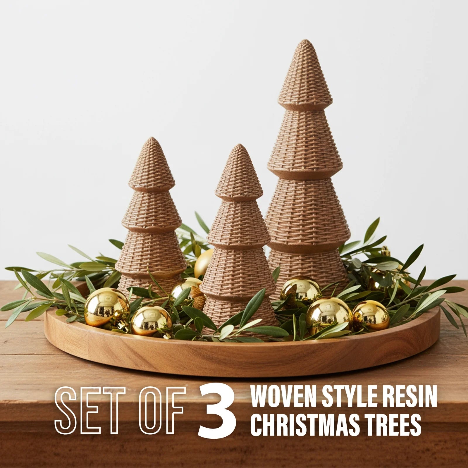 3Pcs Tabletop Christmas Tree Woven Resin Christmas Trees for Christmas Decor Indoor, Christmas Table Decor, Khaki