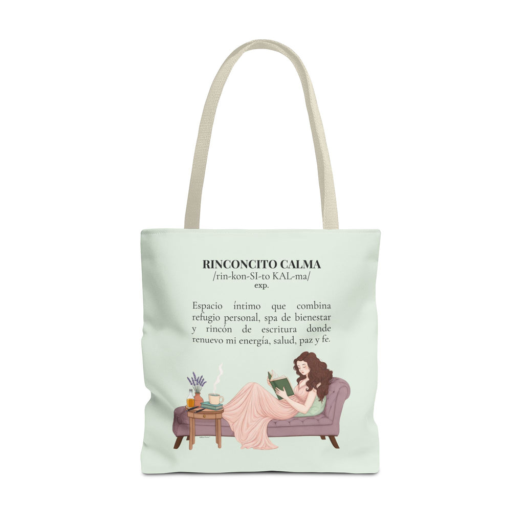 Slow-Living Corner Tote Bag — "Rinconcito Calma" Spanish Cozy Self-Care AOP Canvas Tote with Faith Quotes (Mint Green)