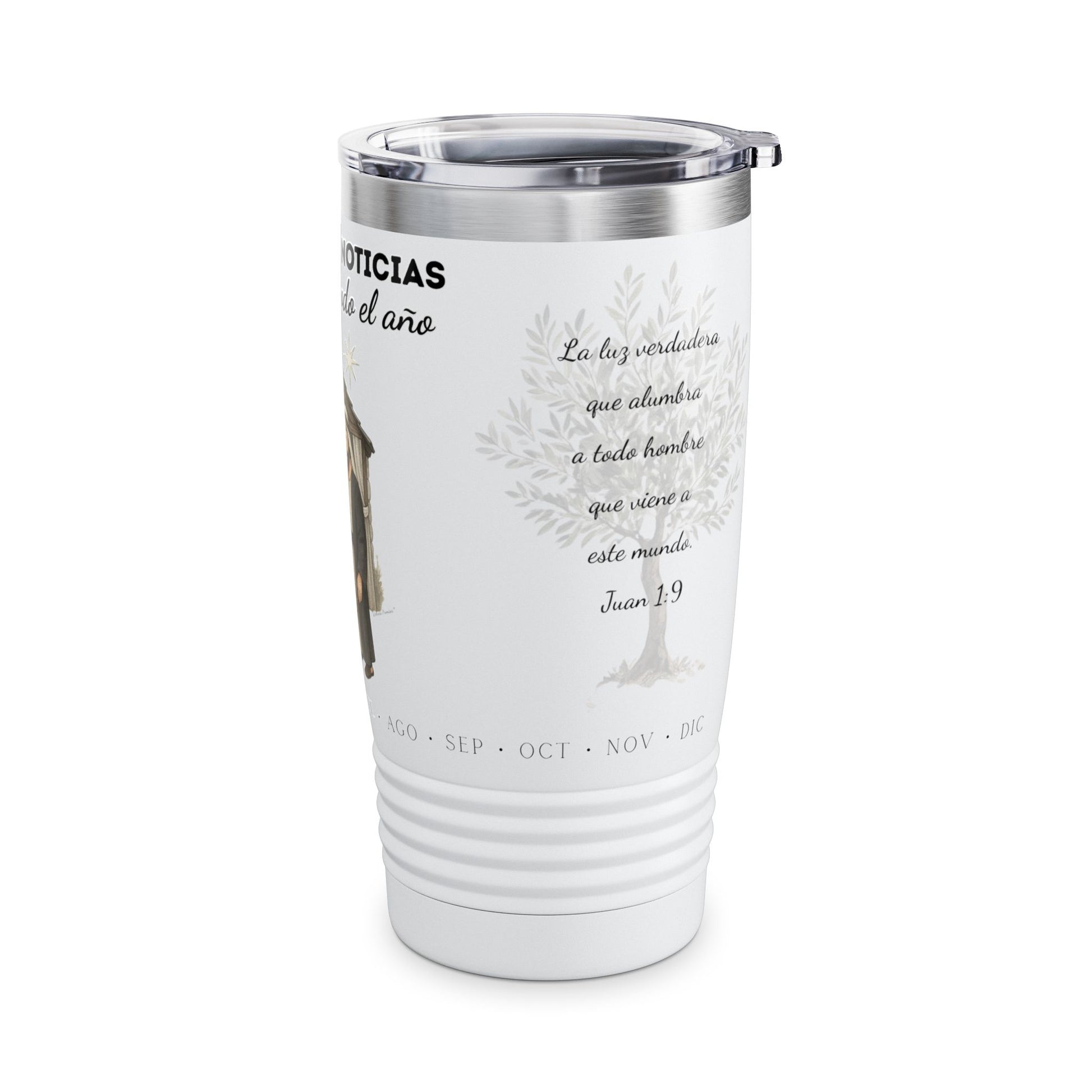 Nativity Ringneck Tumbler Year Round Use— Spanish "¡Las buenas noticias se celebran todo el año!" 20oz