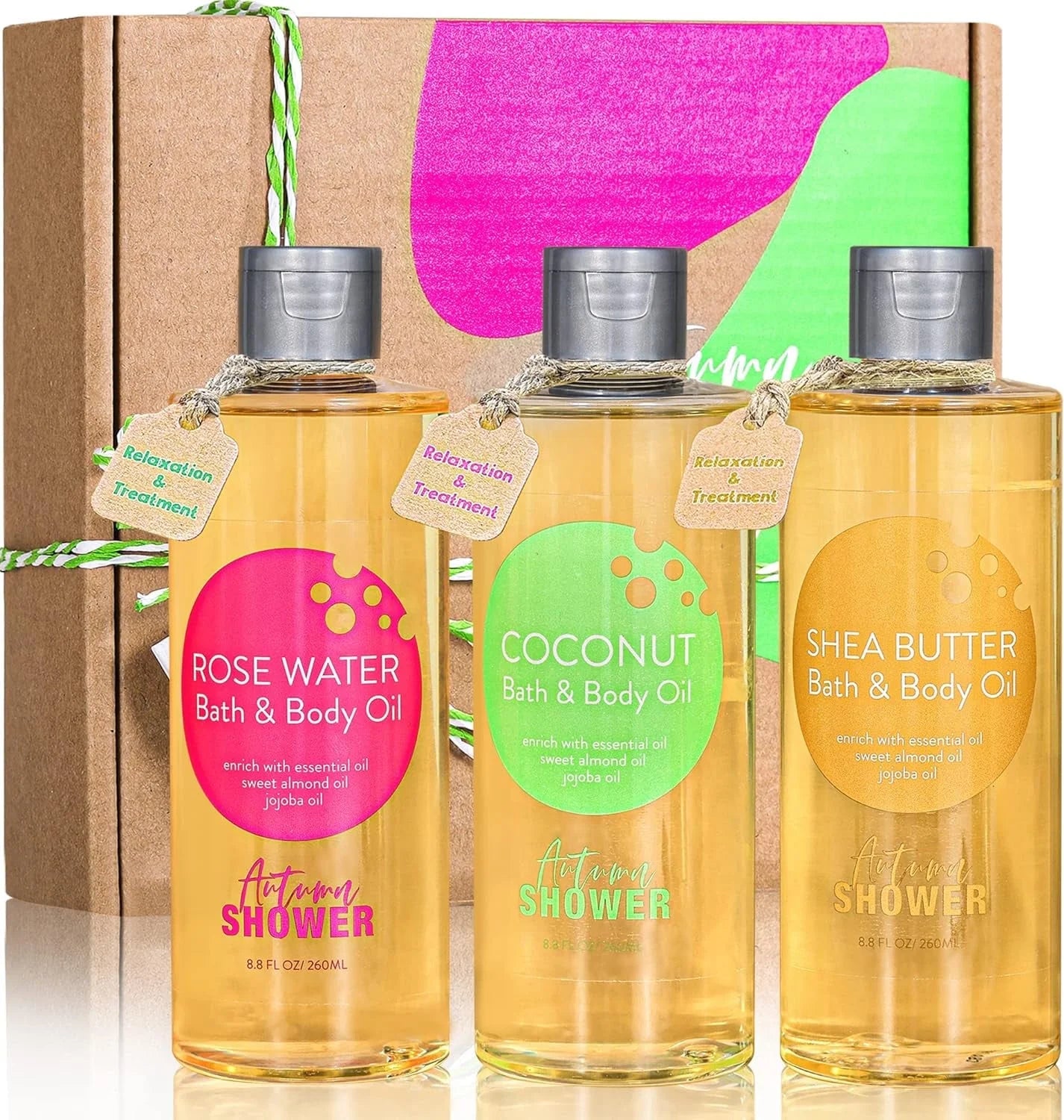 Bath and Body Oil with Sweet Almond Jojoba, Shea Butter, Rose Water, Coconut Bath Oils Gift for Women, Multiuse Oil for Hair Dry Skin 26.4 Fl Oz (Pack of 3)