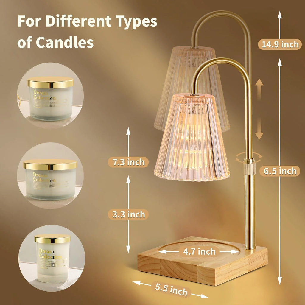 Candle Warmer Lamp with Dimmer, Electric Candle Warmer for Jar Candles, Bedroom Home Decor, 2H/4H/8H Timer Adjustable Height with 2 Bulbs, Amber