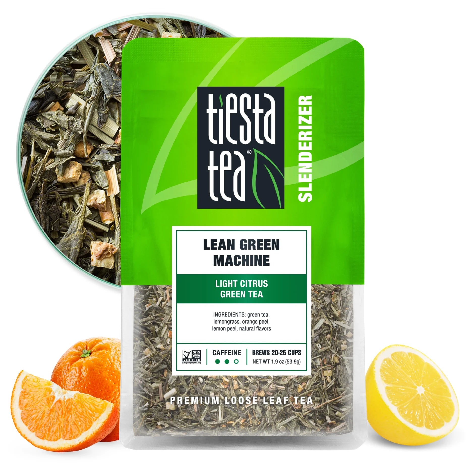 - Lean Green Machine, Slenderizer Loose Leaf Green Tea, Light Citrus Green Tea, Medium Caffeine, Gmo-Free, Make Hot or Iced Tea & Brews up to 25 Cups - 1.9 Ounce Resealable Pouch