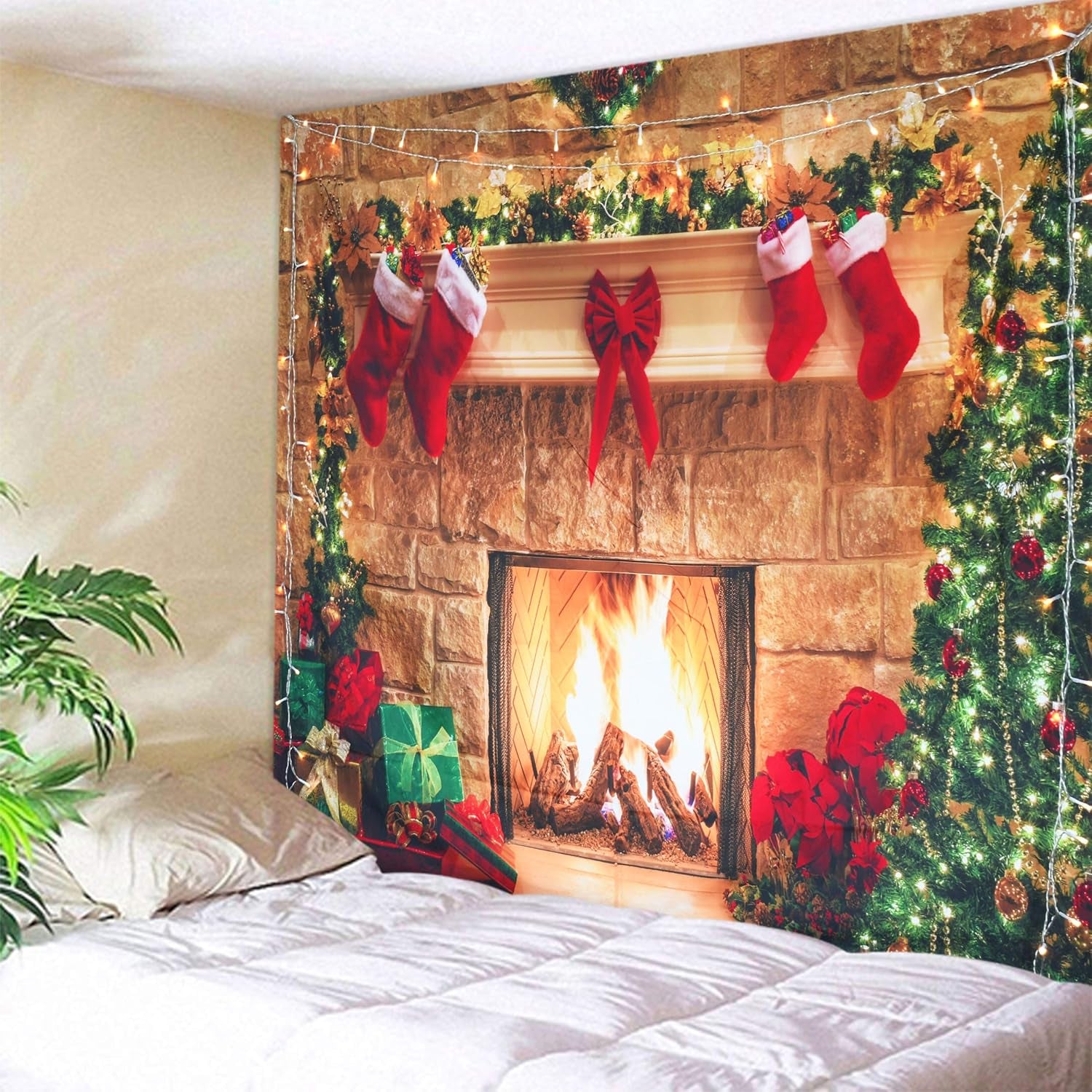 Christmas Tapestry Fireplace Xmas Wall Tapestry Tree Stocking Gift Box Tapestry Wall Hanging for Party Livingroom Bedroom Dorm Home Decor W59 X L51