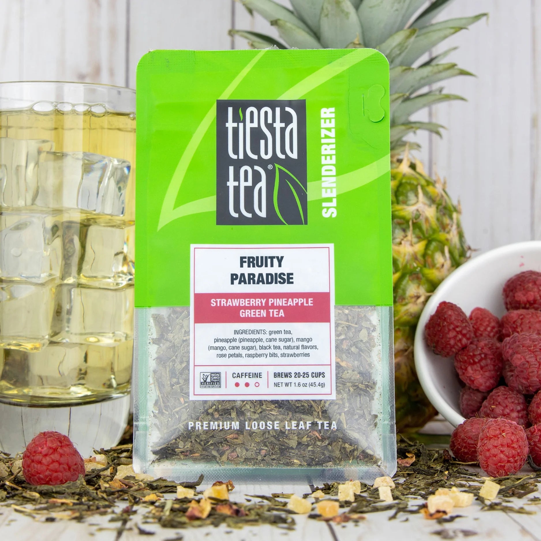 - Fruity Paradise, Slenderizer Loose Leaf Green Tea, Strawberry Pineapple Green Tea, Medium Caffeine, Gmo-Free, Make Hot or Iced Tea & Brews up to 25 Cups - 1.6 Ounce Resealable Pouch