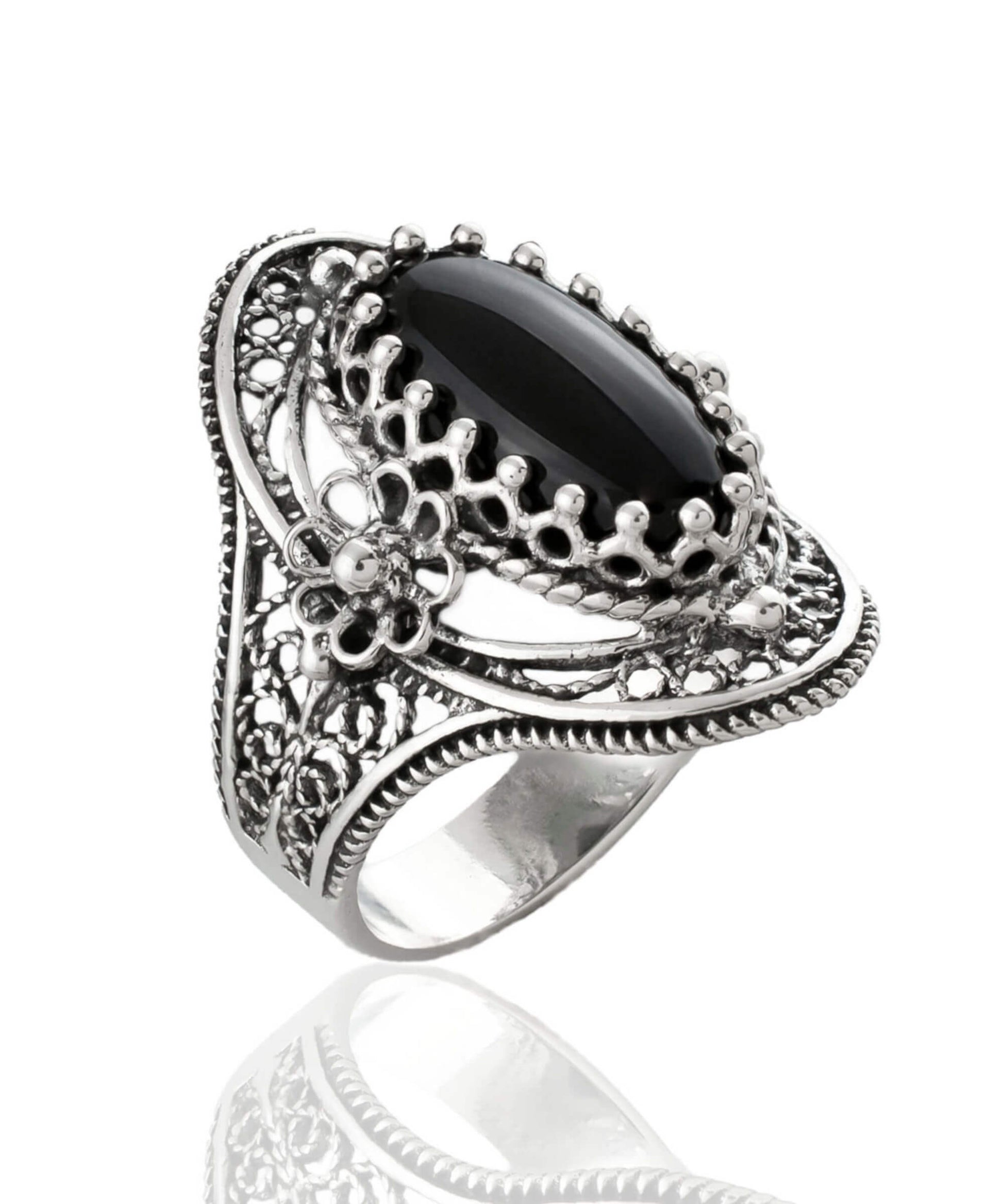 Black Onyx Gemstone Sterling Silver Women Statement Ring with Daisy